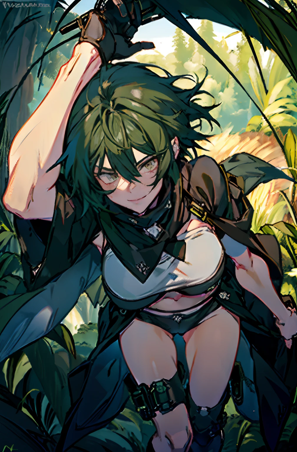 Pure sky,mechanical leg,Black mechanical legs,Plump legs,Green gem setting,Anime girl standing gracefully on the ground,Black cape and green hair, rogue anime girl, Anime girl standing, Wearing a cloak on the blasted plain, asuka suit under clothes!, Cyborg girl, badass posture, mechanic punk outfit, anime styled 3d, render of a cute 3d anime girl, gapmoe yandere grimdark, Female character,musculature,Abs,Glowing green eyes,Black hair with green gradient,short detailed hair,Bunched hair,Dull hair,(Muscle 2.0),Tomboyish,Be red in the face,looking at viewert,Elaborate Eyes,Black mechanical legs,huge tit,1.5,ssmile,Openwork black silk,Straight big breasts,strappy,Black openwork hot pants,White bandeau,Toothless smile,Lower breast,Mechanical wind,There are no cities,Side breasts,Excitation,Top crotch,Sexy lower abdomen,Camel toes,Sexy underarms,ultra gigantic tits,Raised his hand,Tie your hair backhanded,cropped shoulders