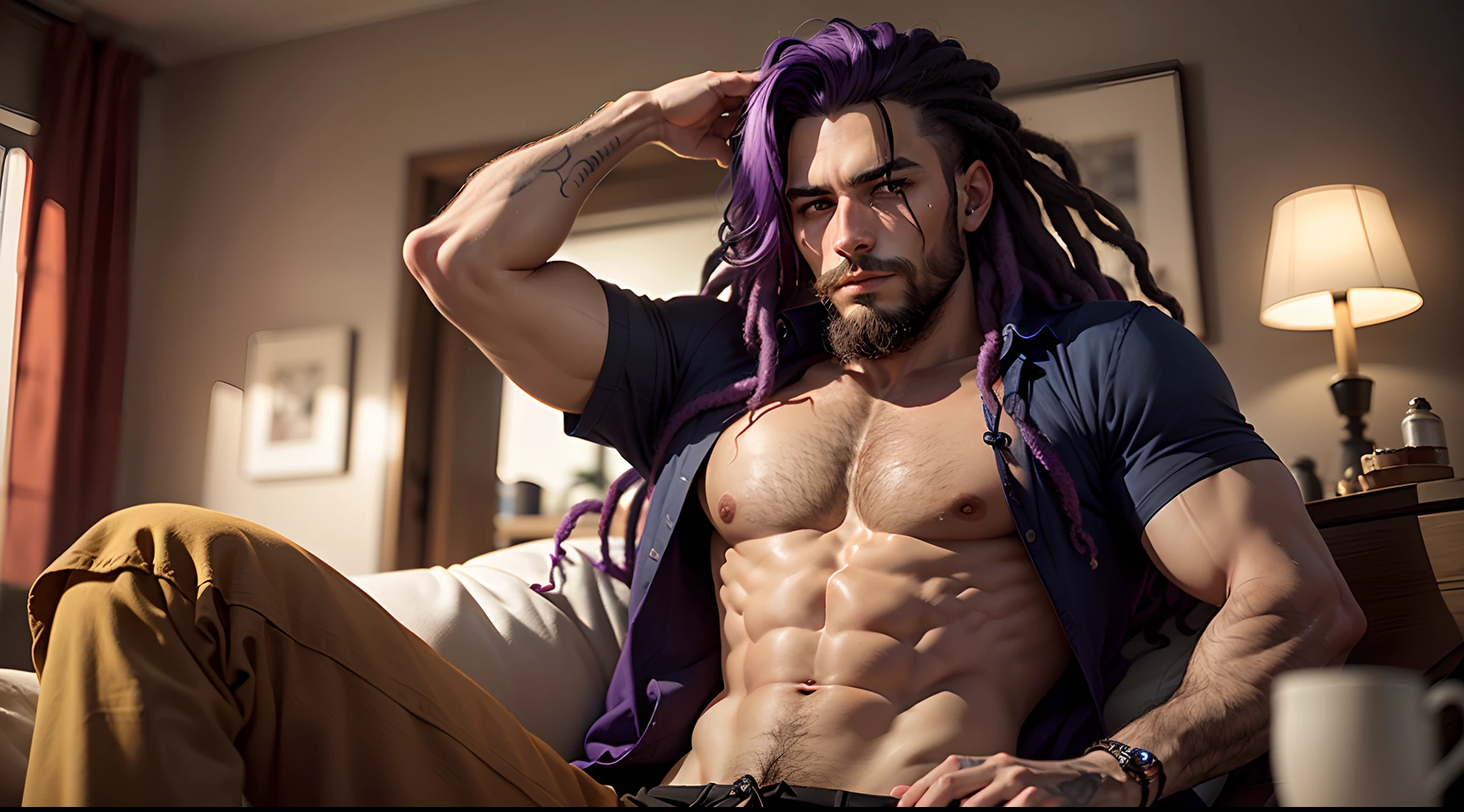 Crie um homem pardo de barba, Medium-sized black dreads and purple locks