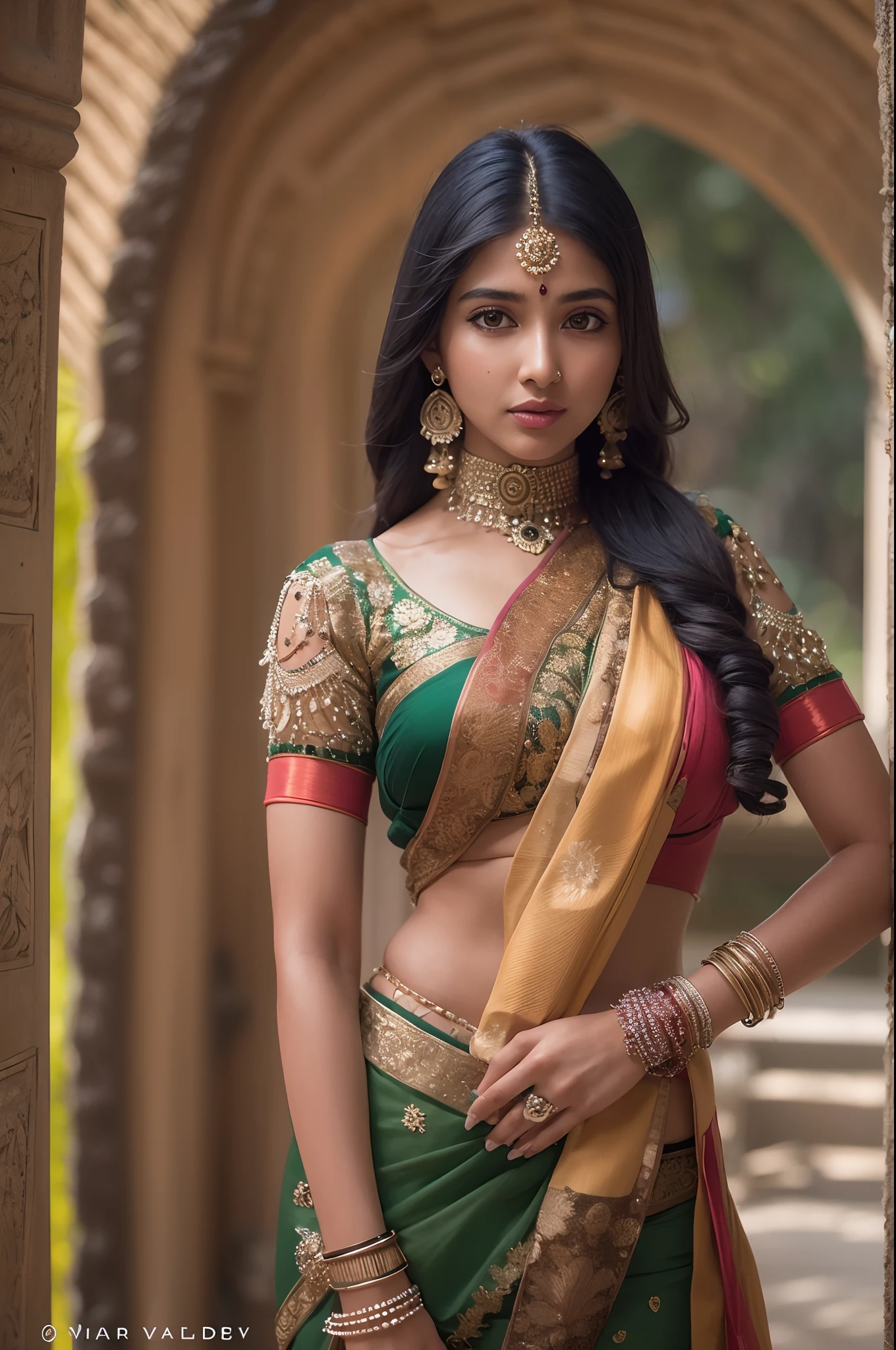 a woman in a sari posing for a picture, indian goddess, traditional beauty, indian, beautiful goddess, ornate cosplay, indian style, indian super model, beautiful maiden, gorgeous woman, south east asian with long, provocative indian, gorgeous beautiful woman, intricate outfit, hindu aesthetic, beautiful asian girl, extremely detailed goddess shot, jaw-dropping beauty, big boobs deep cleavage sexy navel