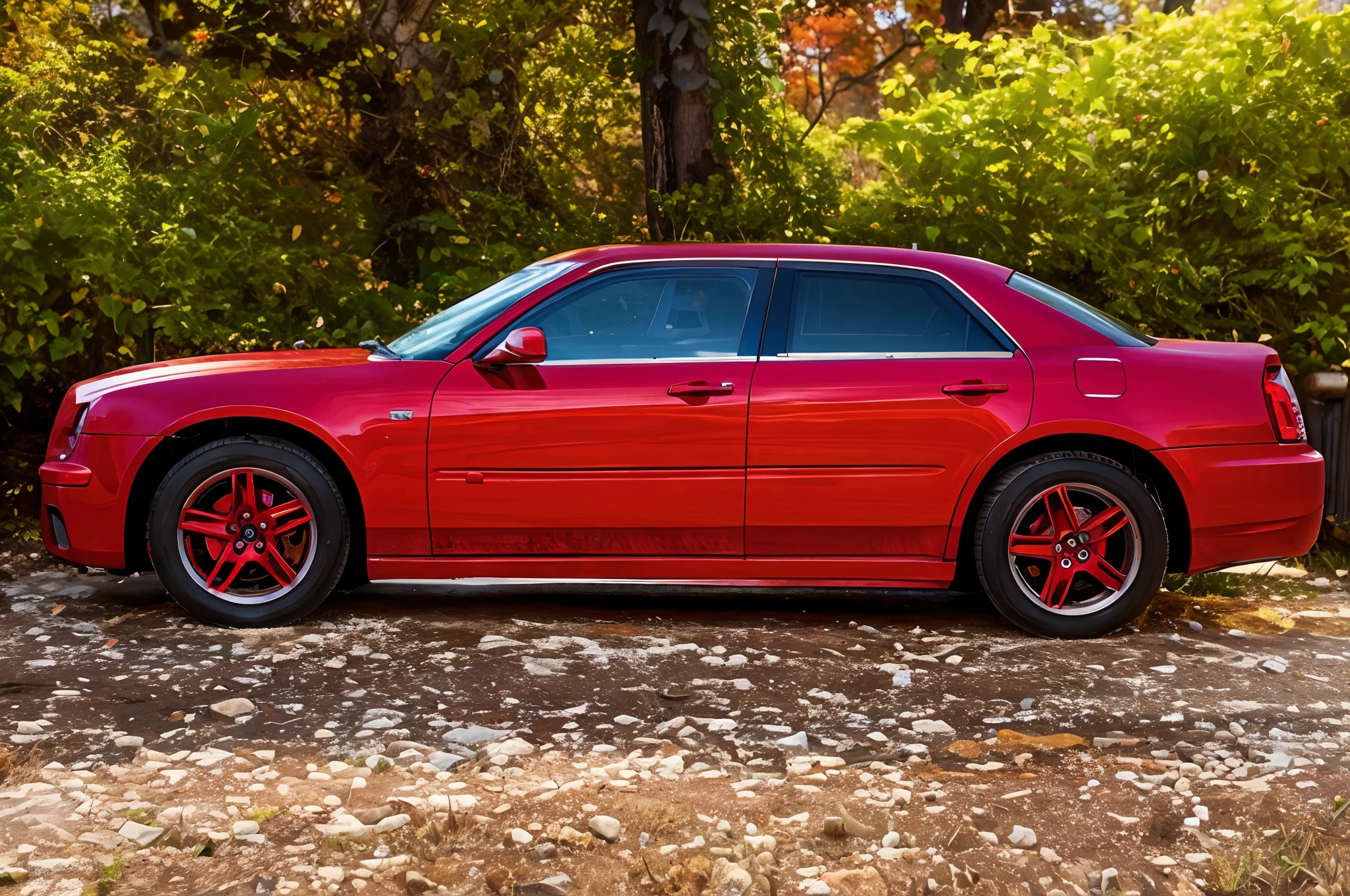 arafed red car parked on a gravel road near a New York warehouse, 3/4 side view, front side full, sideview, left profile, right side profile, 2 0 0 6, 2006, 2004, 2 0 0 4, 2008, 2 0 0 8, 2005, 2 0 0 5, ready
