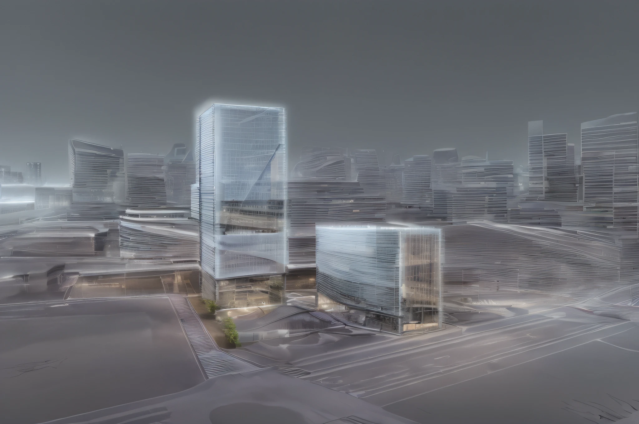 high quality rendering, one boxes on top of it, an office building, urban context, in the city, glass building, , misty sky, street lights, few plants, realistic styles, geometric cube shape, david chipperfield