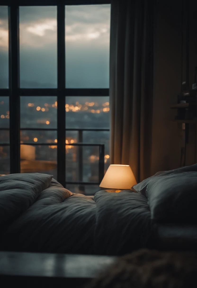 (masterpiece, bestquality),Bedroom with big city view,Outside the window,It's raining,Fog,Comfy bed.,Sea of clouds with rain,warm,