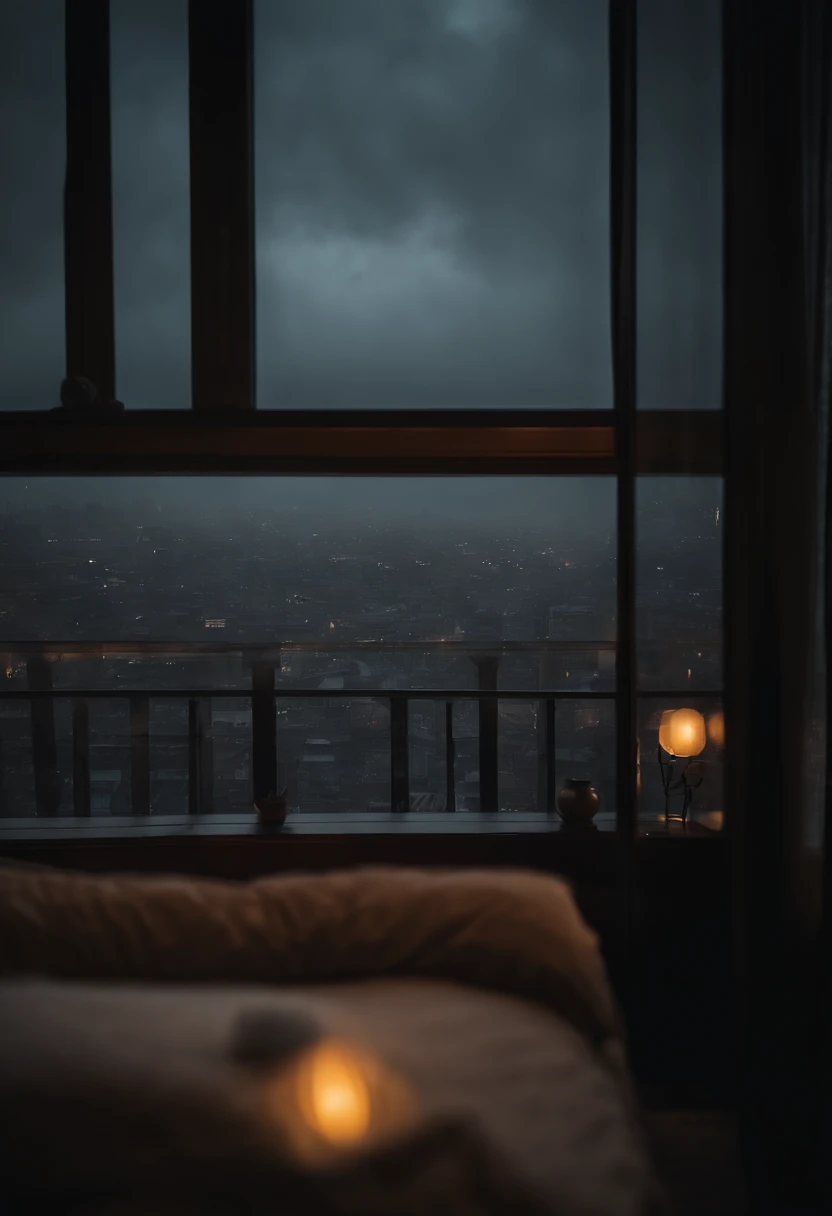 (masterpiece, bestquality),Bedroom with big city view,Outside the window,It's raining,Fog,Comfy bed.,Sea of clouds with rain,warm,