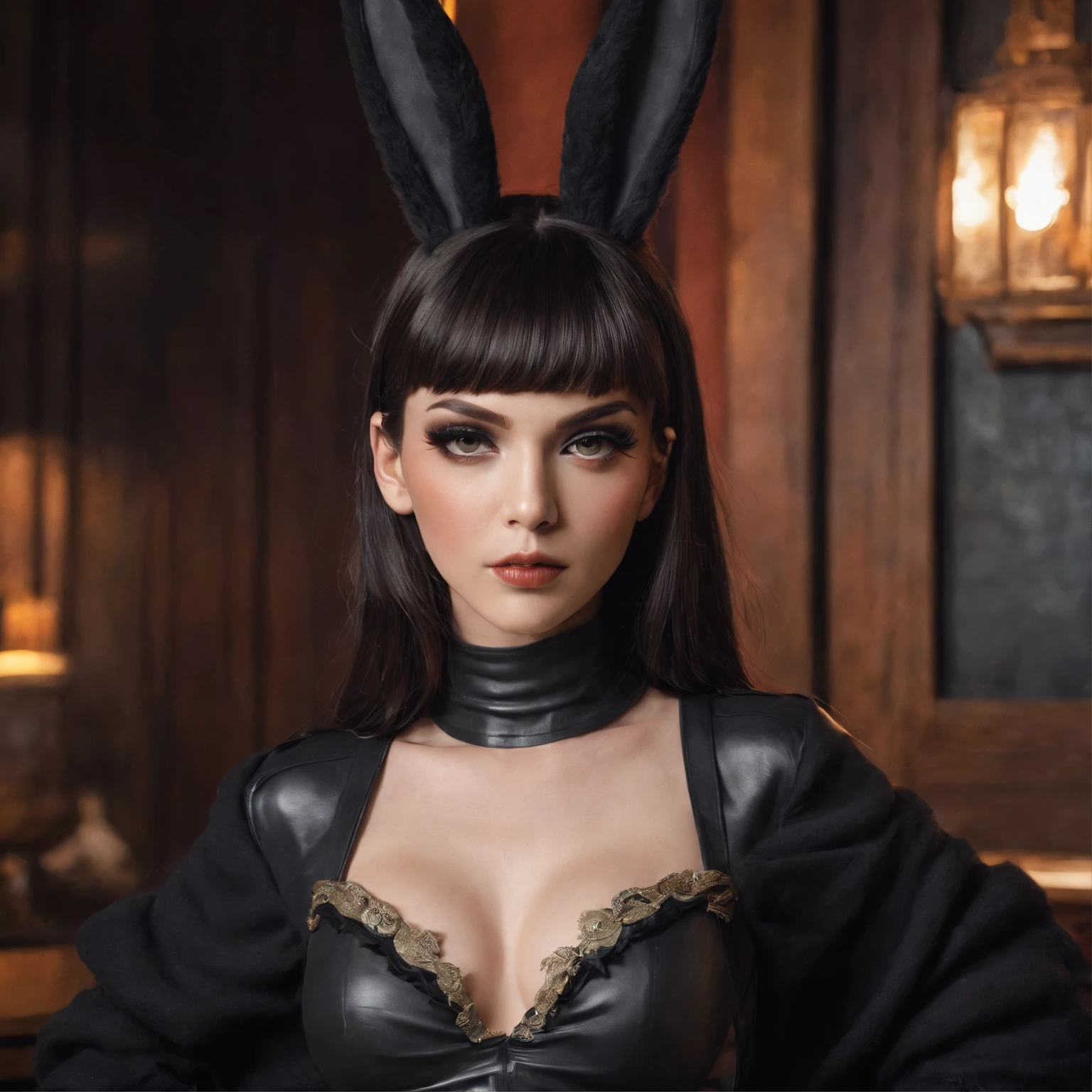 a badass [beautiful woman] in a [black] [Bunny Girl Costumes] at a vaudeville bar | 2d caravaggesque game art | pastel western-style portraits | character designs | close up