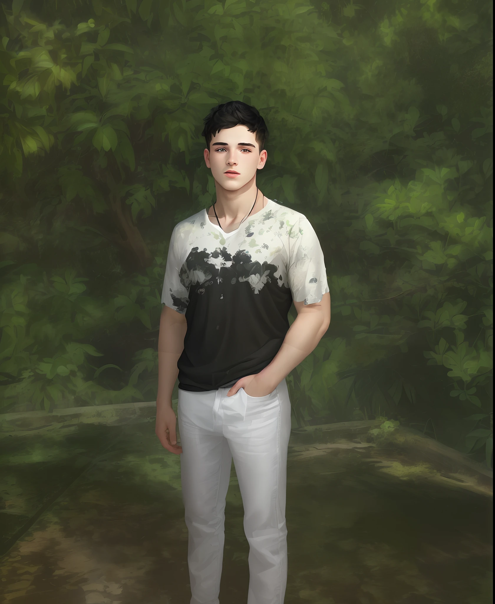 (Masterpiece: 1.2), best quality, ultra high resolution, 8k wallpaper unit, (illustration: 1.0), 23-year-old boy, tall, heterochromia, short black hair, muscular but not so much, white t-shirt and black pants