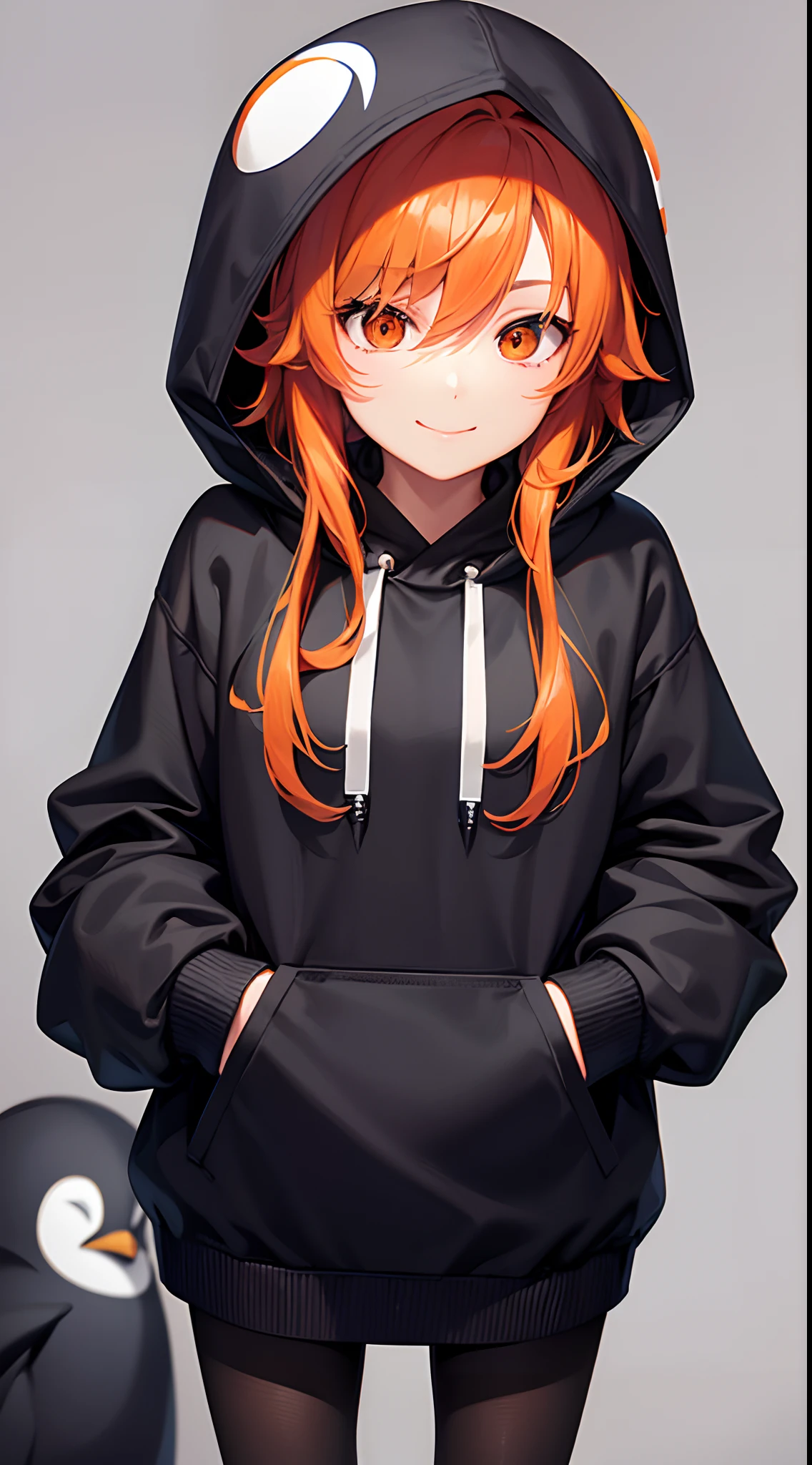 Pretty Woman, Please wear a plain black hoodie and hood,  The hood has penguin hands.、Standing alone, Facing forward、Hair color is orange、A smile、I'm wearing black tights、No background、Eyes color is orange、Holding the game controller with both hands