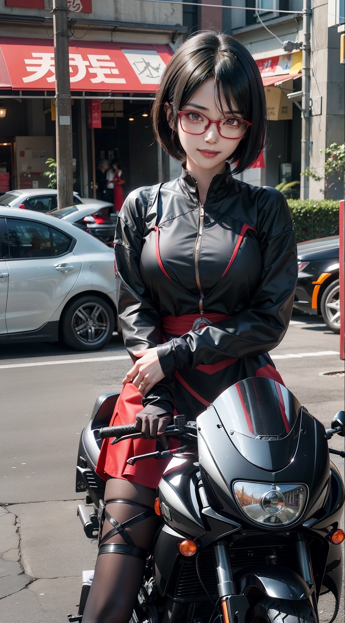 1girl, sarada uchiha in anime boruto, short hair, black hair, red eyes, smile, beautiful, sexy dress, sexy clothes, red clothes, wear red glasses, very big breast, realistic clothes, detail clothes, outdoor background, ultra detail, realistic