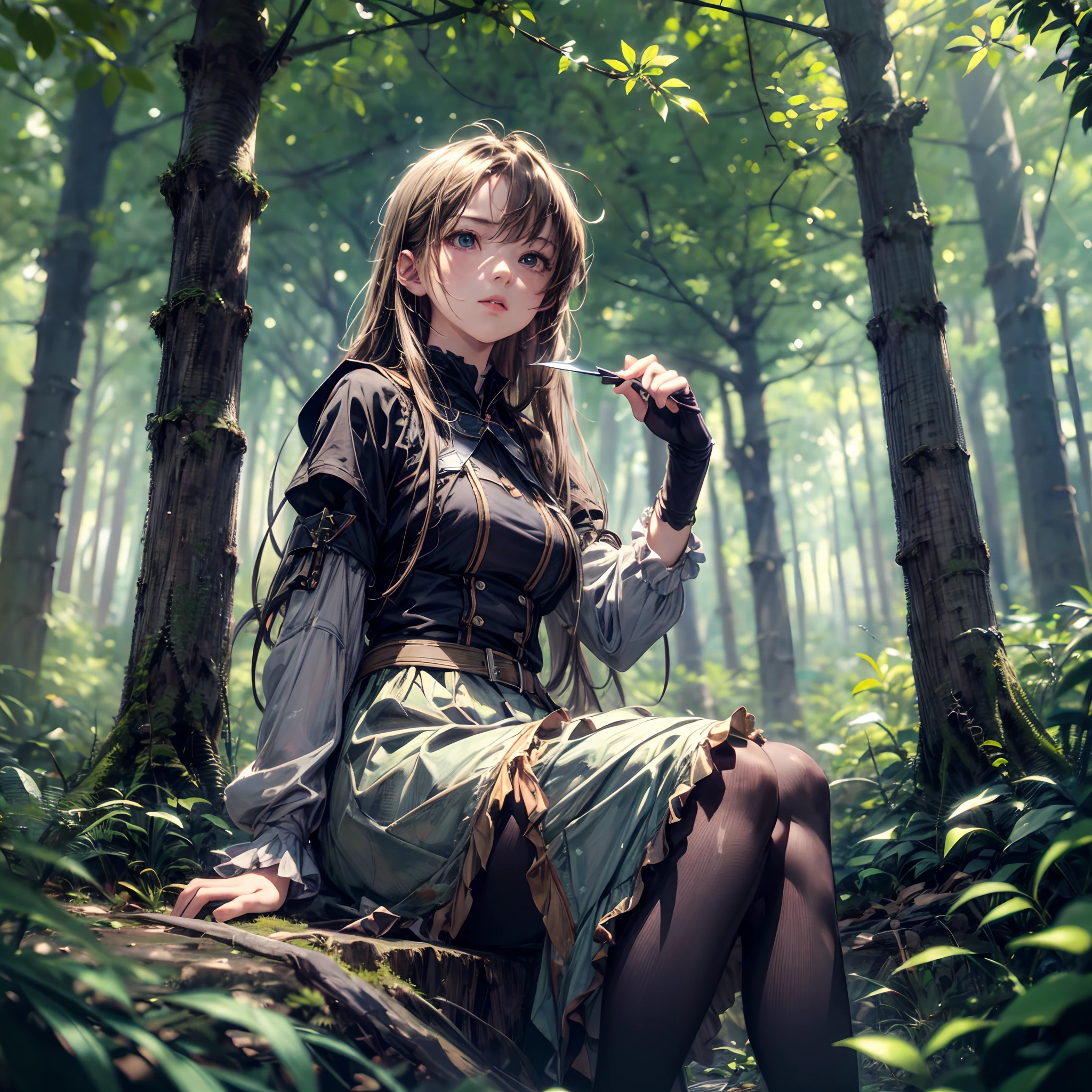 A girl, against the backdrop of a deep forest, dressed in leafy clothes, is sitting cross-legged, her dirty bottom is exposed, 1.7 very realistic. 8k Elaborate High quality