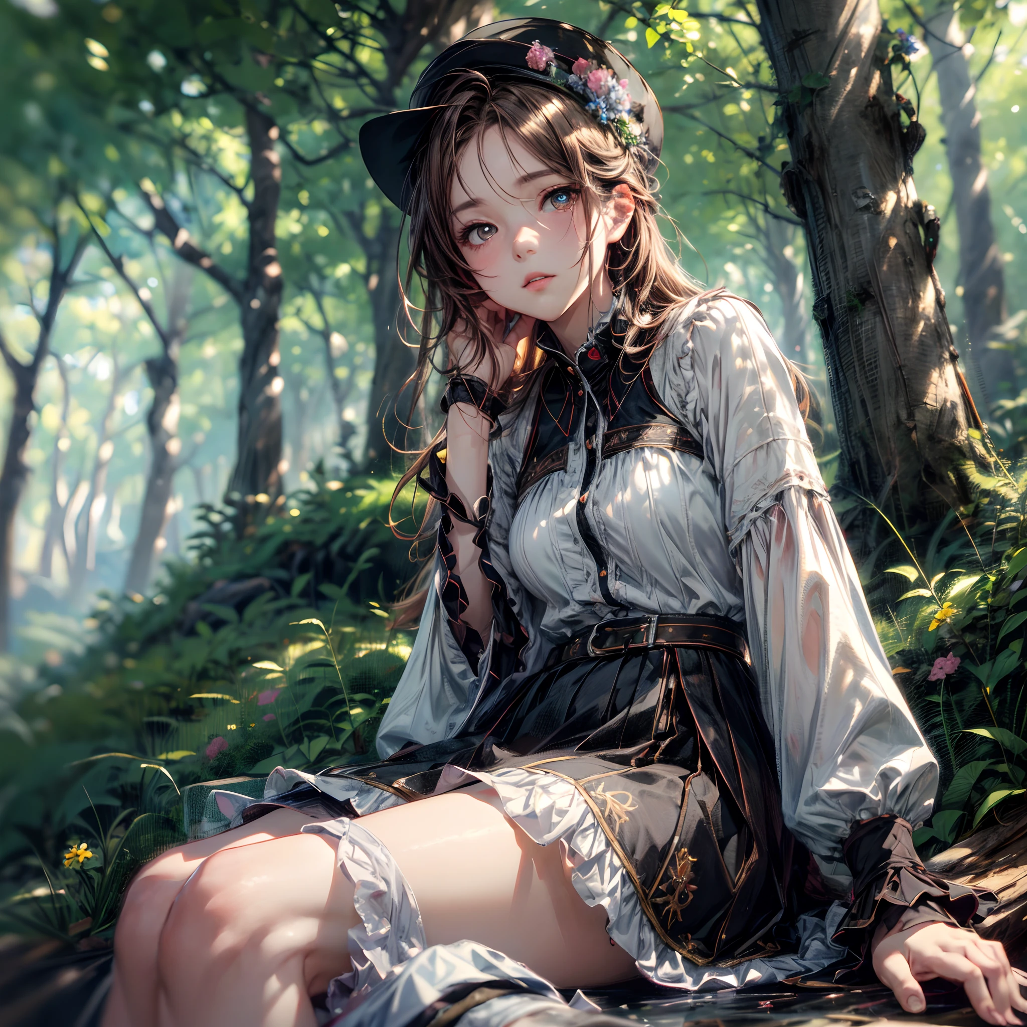 girl, sitting, side shot, (sky:1.3), (masterpiece, best quality, perspective, depth of field:1.5), flowers, rocky mountain, woods, beautiful face, thighs, from below, 8k, raw photo, absurdres, impressionism, (Tom Thomson, Claude Monet, Joaquín Sorolla, James Wilson Morrice, John Fabian Carlson, Hugh Henry Breckenridge:0.8), HDR, photorealistic, film grain, chromatic aberration, highres, ultra detailed, finely detail, dynamic lighting, dramatic lighting, shadow, sharp focus, extremely detailed eyes and face, sharp pupils, realistic pupils