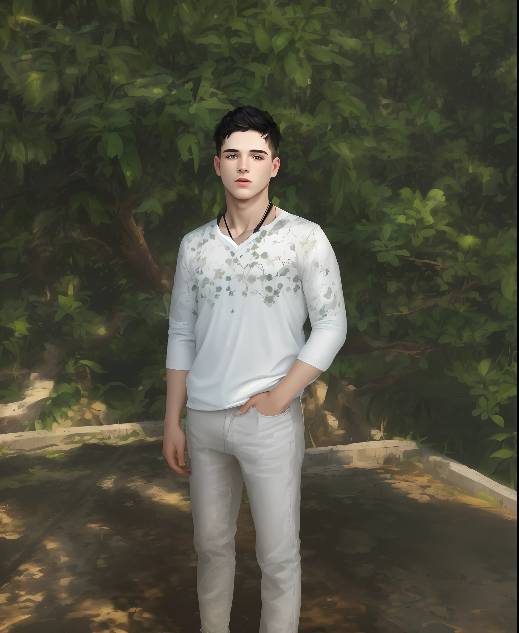 (Masterpiece: 1.2), best quality, ultra high resolution, 8k wallpaper unit, (illustration: 1.0), 23-year-old boy, tall, heterochromia, short black hair, muscular but not so much, white t-shirt and black pants