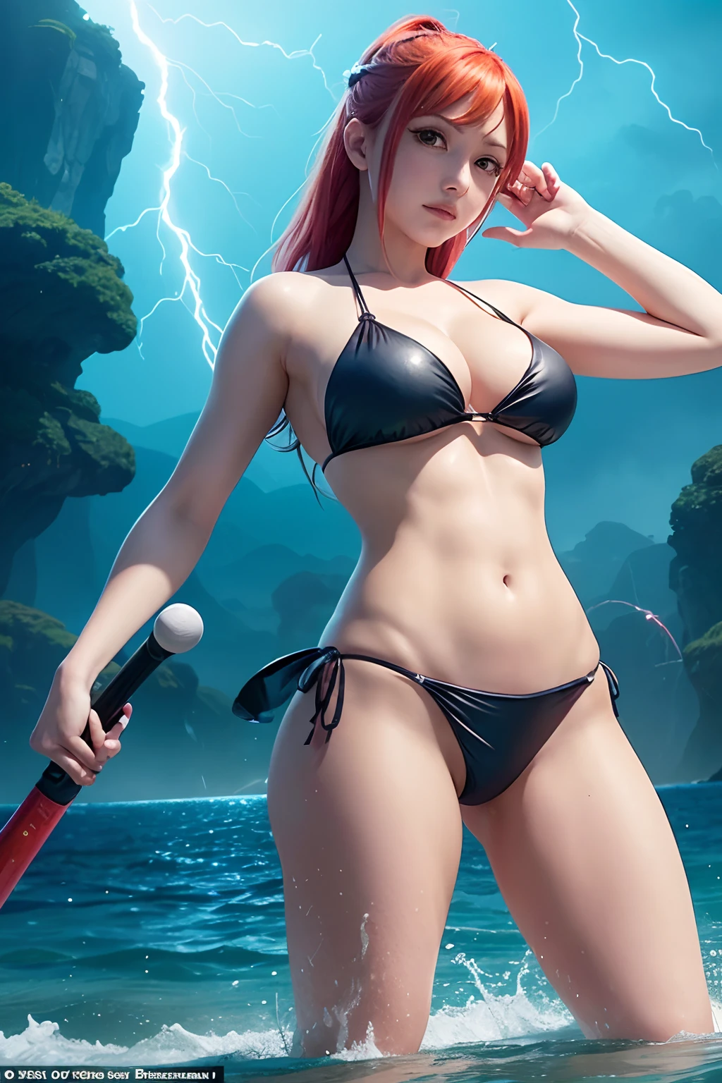 there is a woman in a bikini holding a baseball bat, nami from one piece, nami one piece, deviantart artstation cgscosiety, splashes of lightning behind her, epic digital art illustration, goddess of lightning, epic fantasy digital art style, epic fantasy digital art, 2. 5 d cgi anime fantasy artwork, mermaid cyborg with a laser whip