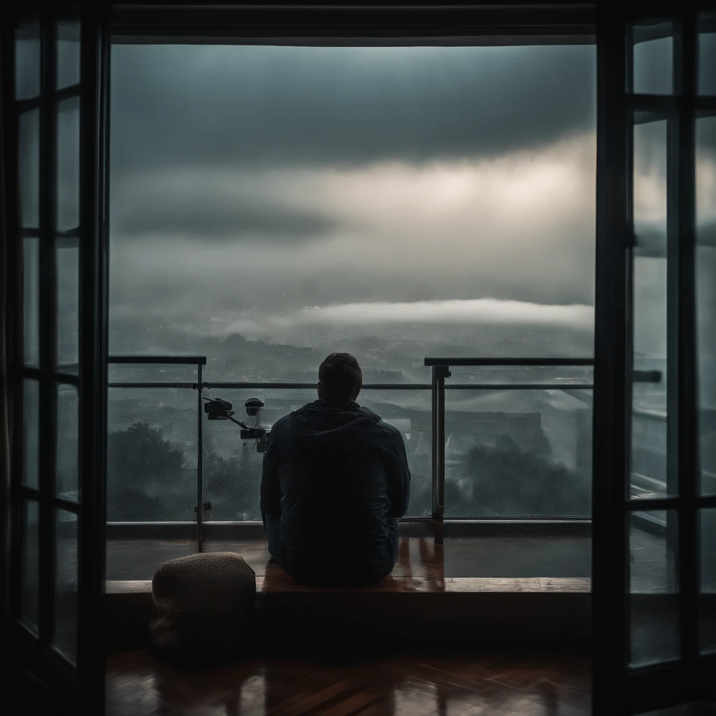 (masterpiece, bestquality),Bedroom with big city view,Outside the window,It's raining,Fog,Sea of clouds with rain,warm,