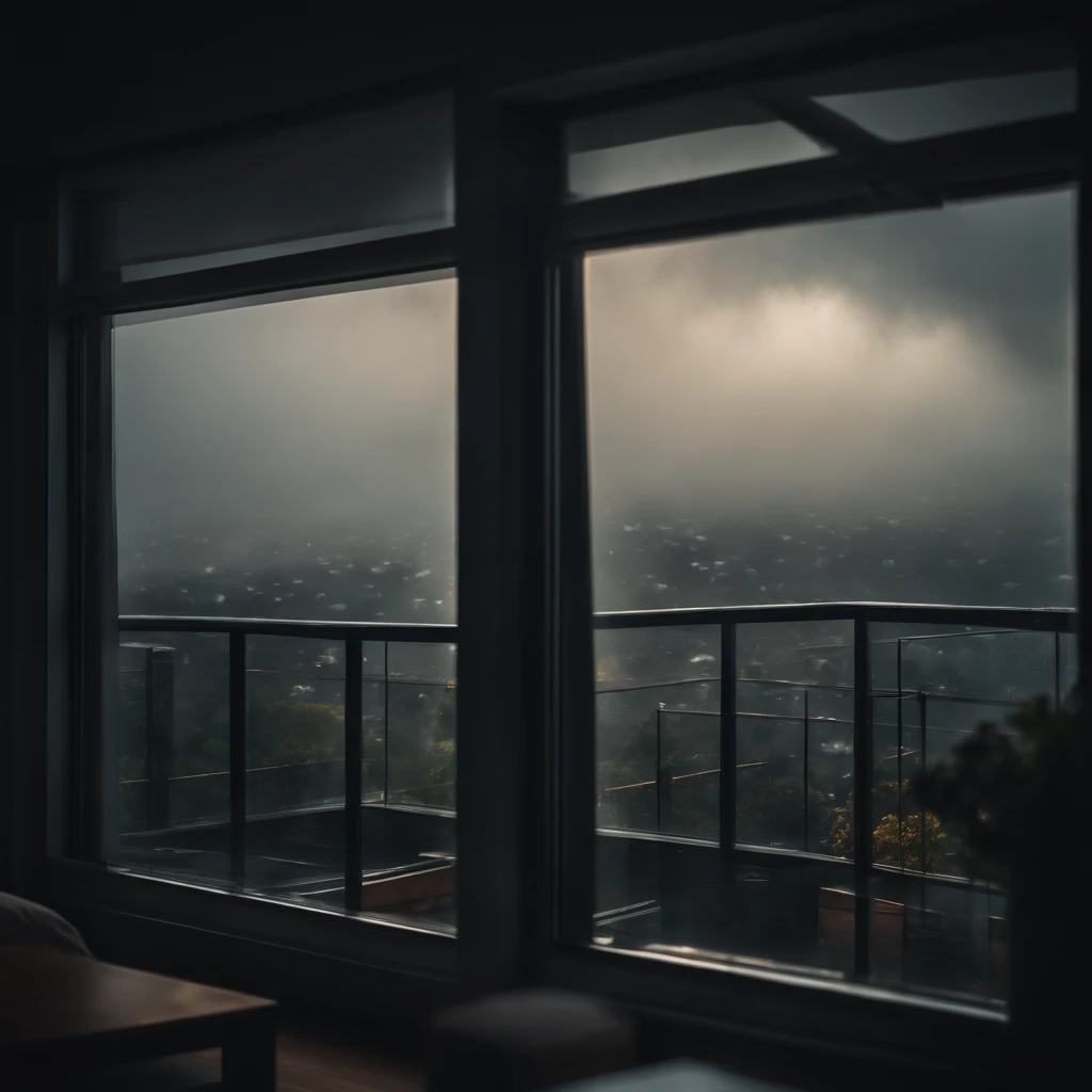(masterpiece, bestquality),Bedroom with big city view,Outside the window,It's raining,Fog,Sea of clouds with rain,warm,