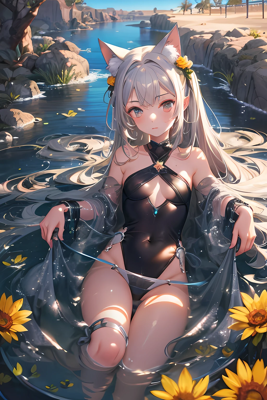 Masterpiece, Top quality anime illustrations, Super detailed, One girl, solofocus, Beautiful girl with silver cat ears, Anime , Cat-eared loliigh emphasis, God Buster, Bathe in a desert oasis, Wet perspective