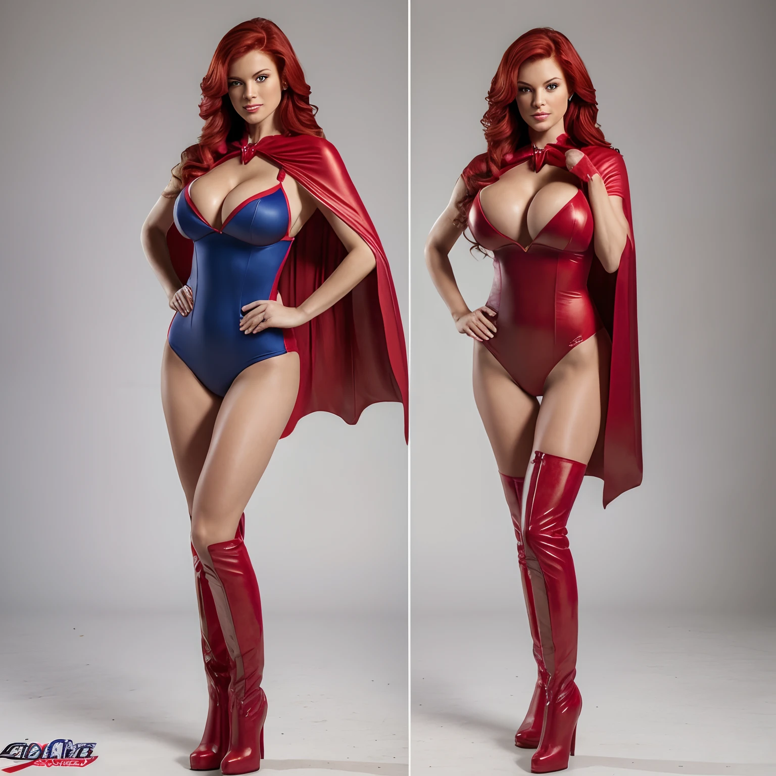 Realistic american woman. 1 woman a toned sculptured heroine with large breasts. Her costume is a red and blue suit that displays her cleavage, swimsuit cut to display her shapely muscular legs. Red boots and a cape. She has red gloves and her red hair flows behind her. She has Green eyes. (Full body shot) (hand on hip pose) (measurements 36 24 36)
