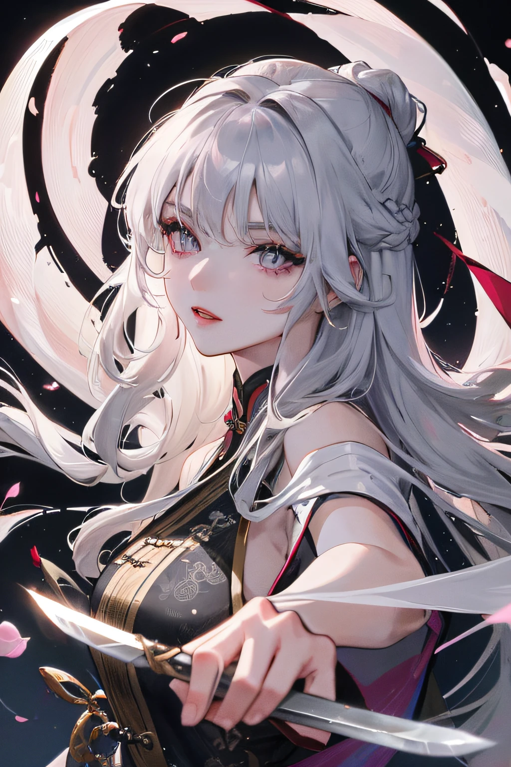 8K, Masterpiece, Best quality, Night, full moon, 1 girl, Chinese style, Chinese architecture, Mature woman, sister, Silver white long haired woman, Long hair, Light pink lips, calm, logical, bangs, Gray pupils, assassins, Fan, Knife fan, petal dancing, Delicate face,