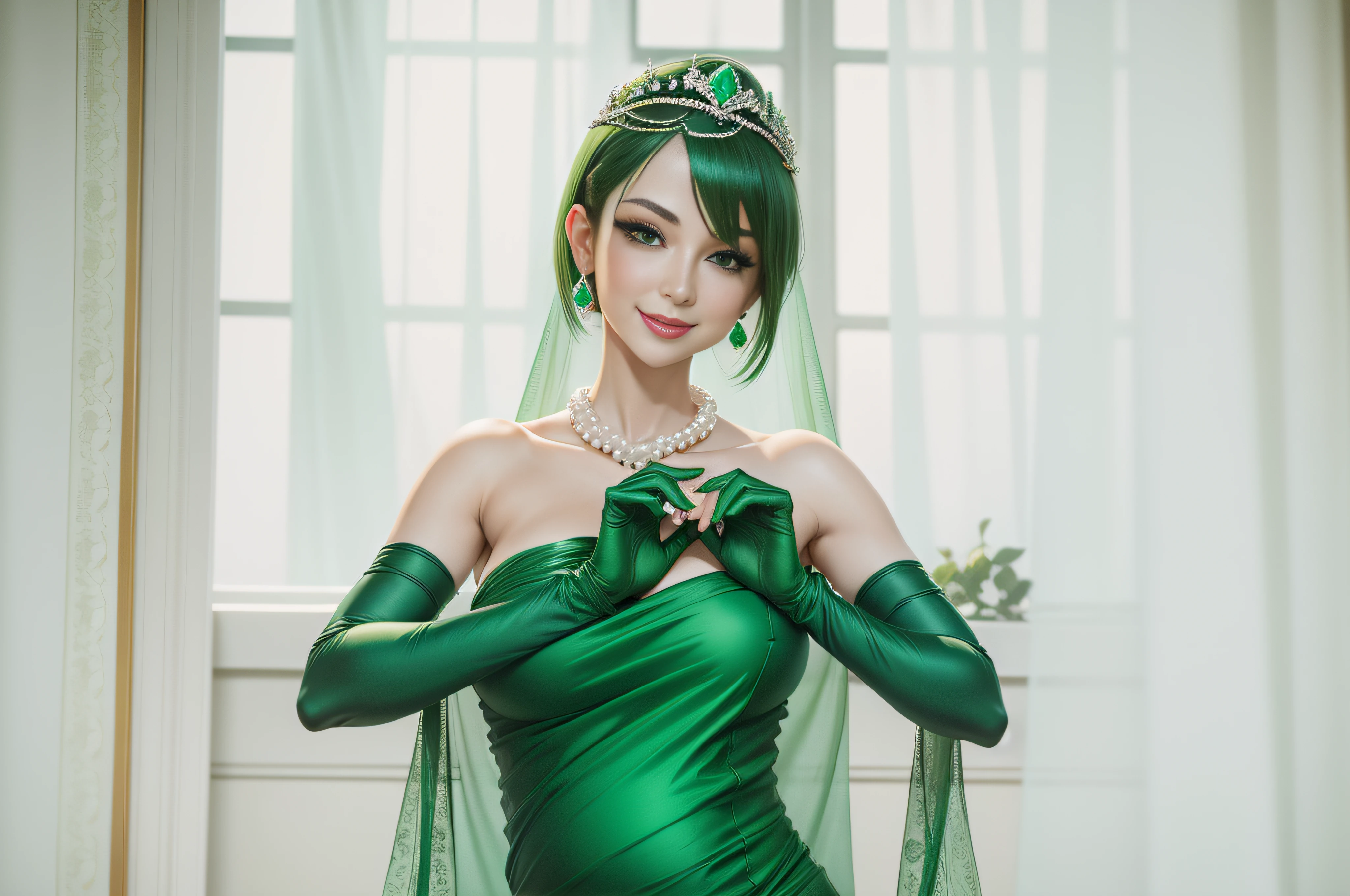 studio lights、depth of fields、The upper part of the body、A slender、cute face、A smile、Beautiful detail eyes、Green Dress Flower Cleanser,Sense of atmosphere, best qualtiy,tmasterpiece,1girll,30-years old,Green dress,Daytime Church,full body Esbian, Green gloves,With short green hair,big breasts beautiful,looking at viewert,ssmile,Green Bridal Veil,Green Long Grove,Satin green long gloves, lipsticks, Pearl Necklace、Green gloves, emerald tiara, A Japanese Lady, the kiss