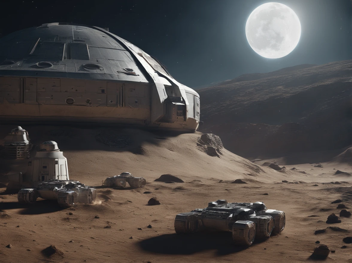 (8k, 16k, highest quality, photorealistic, raw photo, award winning, high resolution, high definition, masterpiece: 1.3) Colonies once built on the moon, ruins on the moon, old colonies, the first colonies built on the moon A decaying white colony that is considered to be the ruins of a future world, a future moon surface, a well-maintained moon surface, a space city, a failure to migrate to the moon, a tourist destination in the future, the earth visible in the distance, and the latest developments near the colony. a spaceship is landing