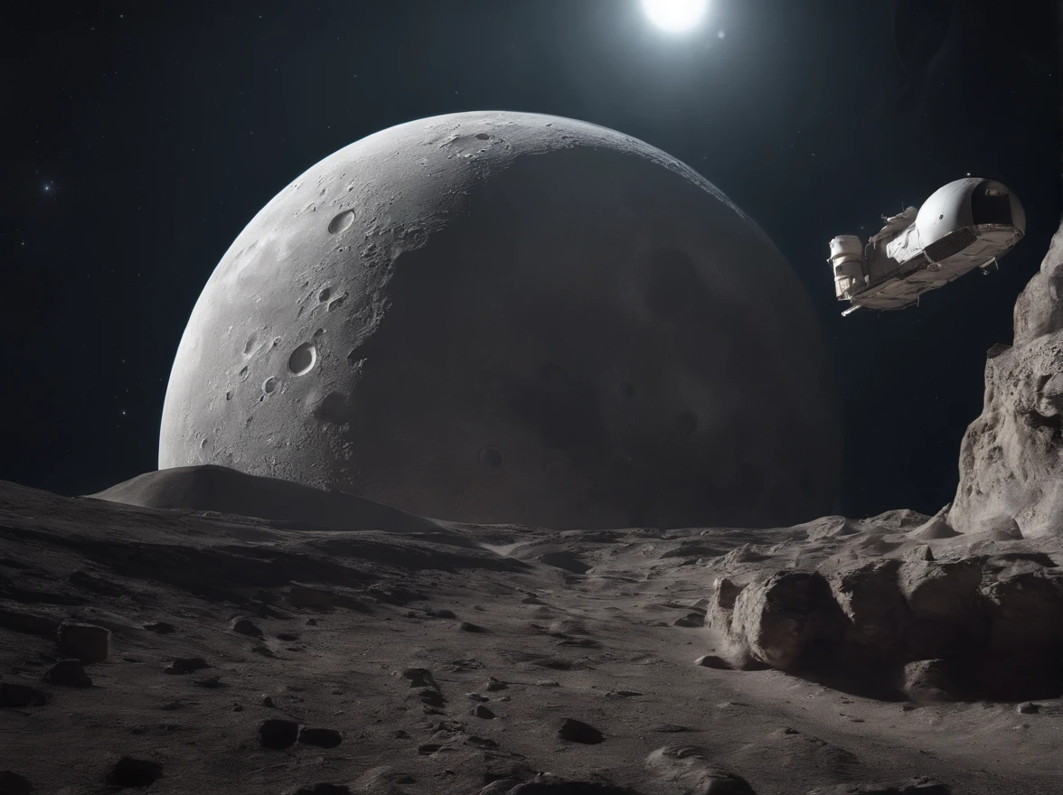 (8k, 16k, highest quality, photorealistic, raw photo, award winning, high resolution, high definition, masterpiece: 1.3) Colonies once built on the moon, ruins on the moon, old colonies, the first colonies built on the moon A decaying white colony that is considered to be the ruins of a future world, a future moon surface, a well-maintained moon surface, a space city, a failure to migrate to the moon, a tourist destination in the future, the earth visible in the distance, and the latest developments near the colony. a spaceship is landing