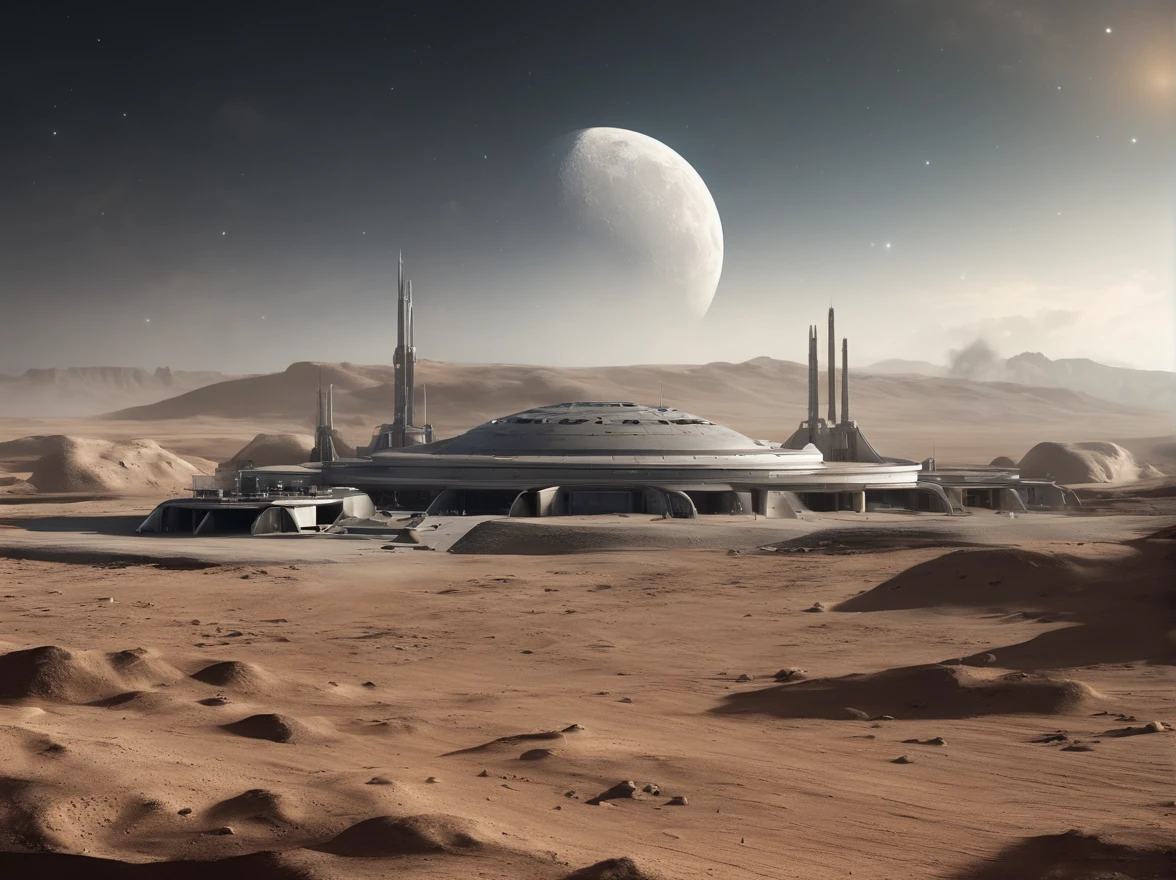 (8k, 16k, highest quality, photorealistic, raw photo, award winning, high resolution, high definition, masterpiece: 1.3) Colonies once built on the moon, ruins on the moon, old colonies, the first colonies built on the moon A decaying white colony that is considered to be the ruins of a future world, a future moon surface, a well-maintained moon surface, a space city, a failure to migrate to the moon, a tourist destination in the future, the earth visible in the distance, and the latest developments near the colony. a spaceship is landing