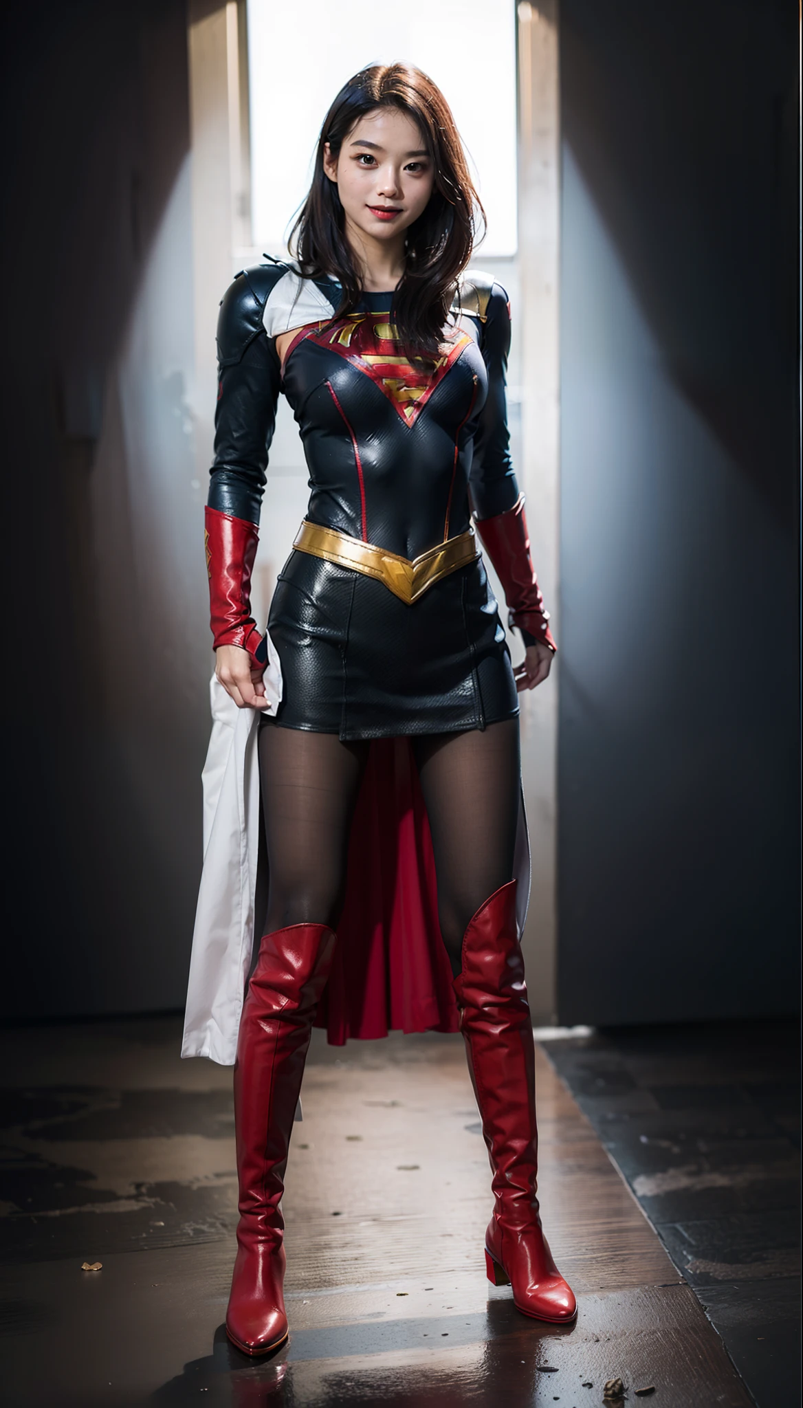 Be sure to wear black tights、(((Make the most of the original image)))、(((Supergirl Costume)))、(((shiny short hair)))、(((Suffering)))、(((Feet must necessarily be worn with black tights)))、(((Smile)))、(((You need to wear red boots)))、((Top image quality、8K))、((top-quality、8K、masterpiece:1.3))、(((Keep your background simple)))、Crisp focus:1.2、Beautiful woman with perfect body shape:1.4、Slender Abs:1.2、((layers-Cut、large boob:1.2))、a wet body:1.5、Highly detailed facial and skin texture、