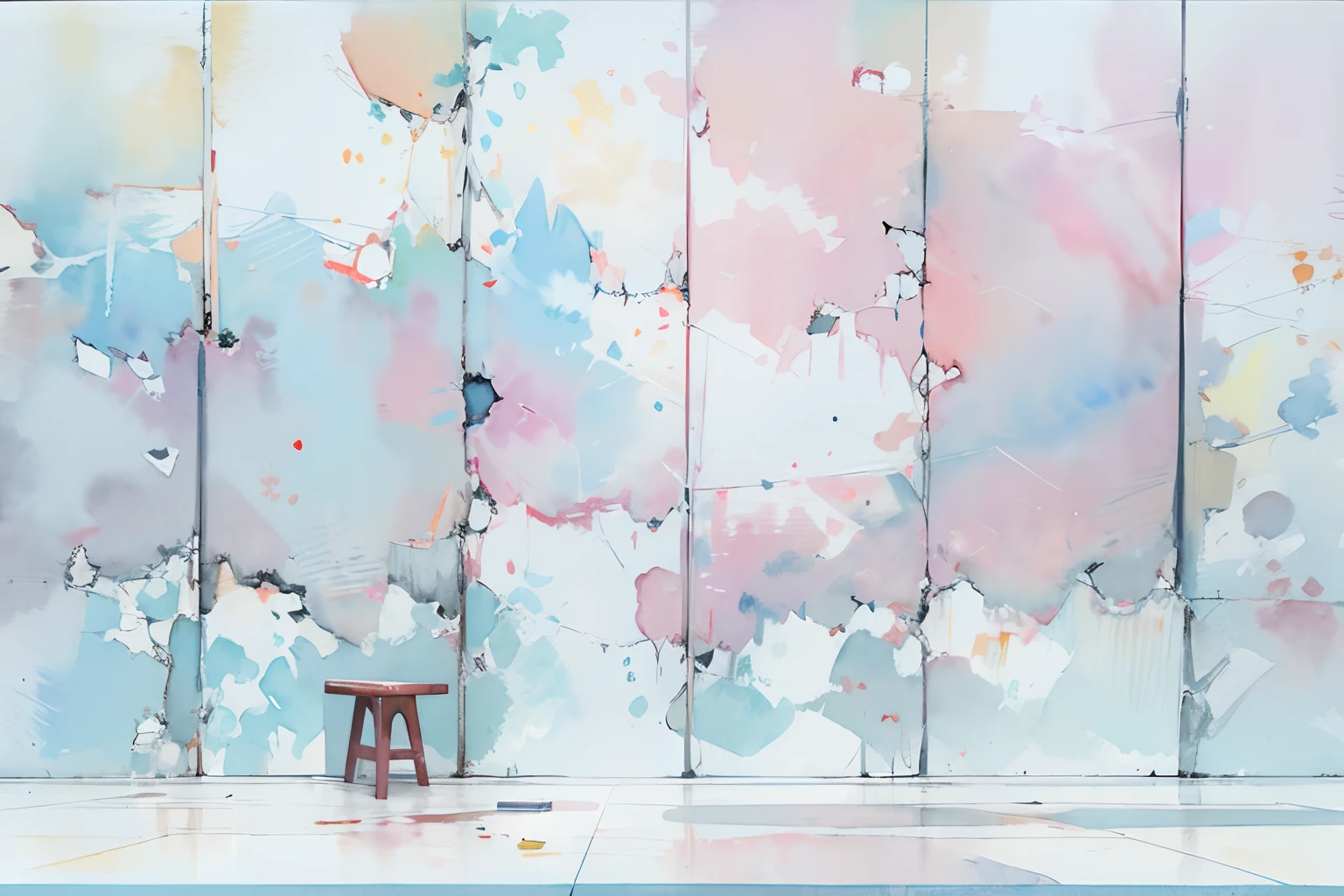 ((masutepiece)), (Professional Photography:1.2), (High Definition:1.3), Best Quality, (watercolor painting:1.3), wide shot, the concrete wall, (simple white background:1.10), pale blue fine ink splashing