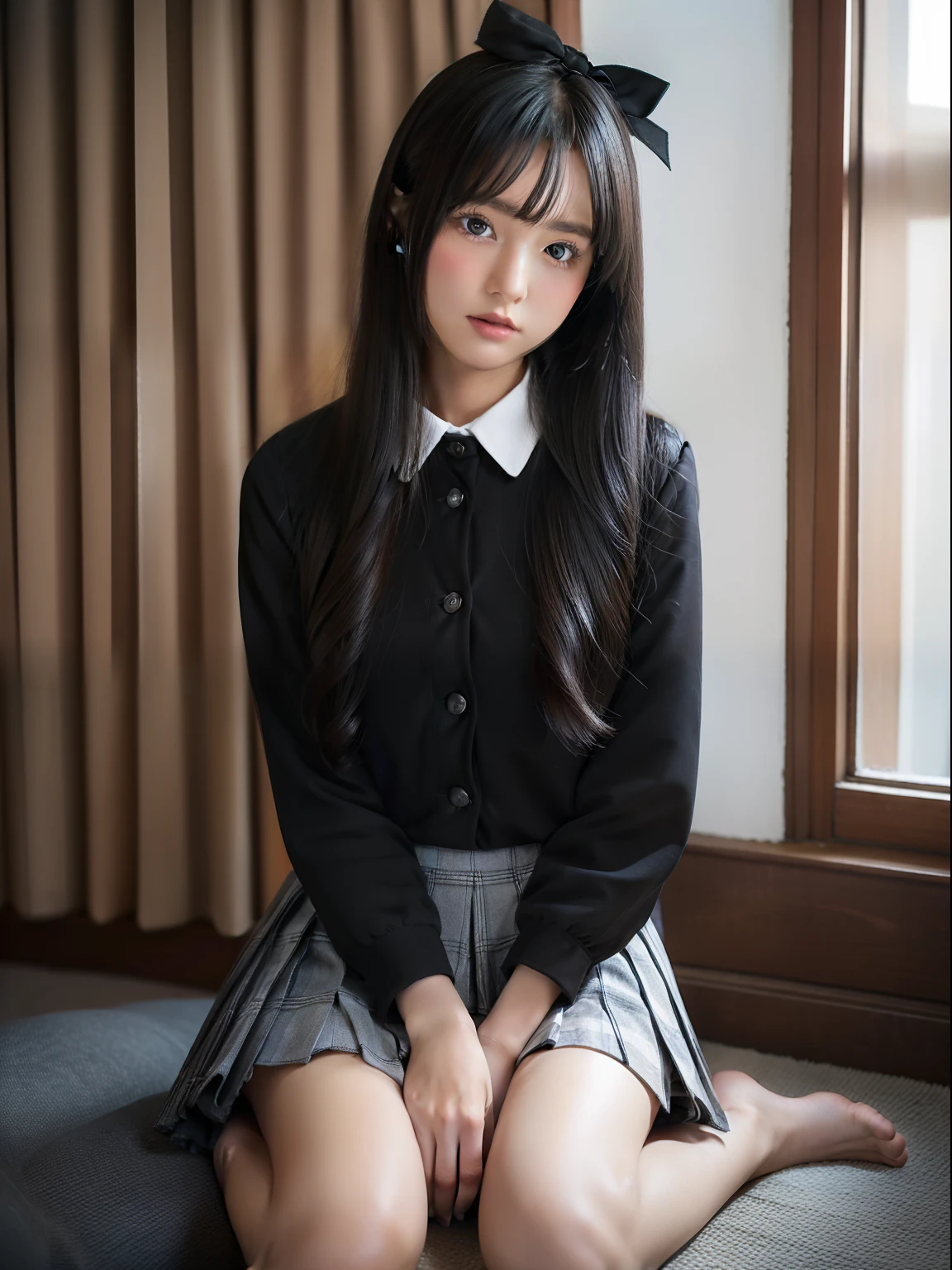 wariza，Sit up，Hands between legs，年轻，(Plaid white pleated skirt)，flat breast，Black blouse，parka，Pupils，teens girl，A dark-haired，delicate and petite body，in a house