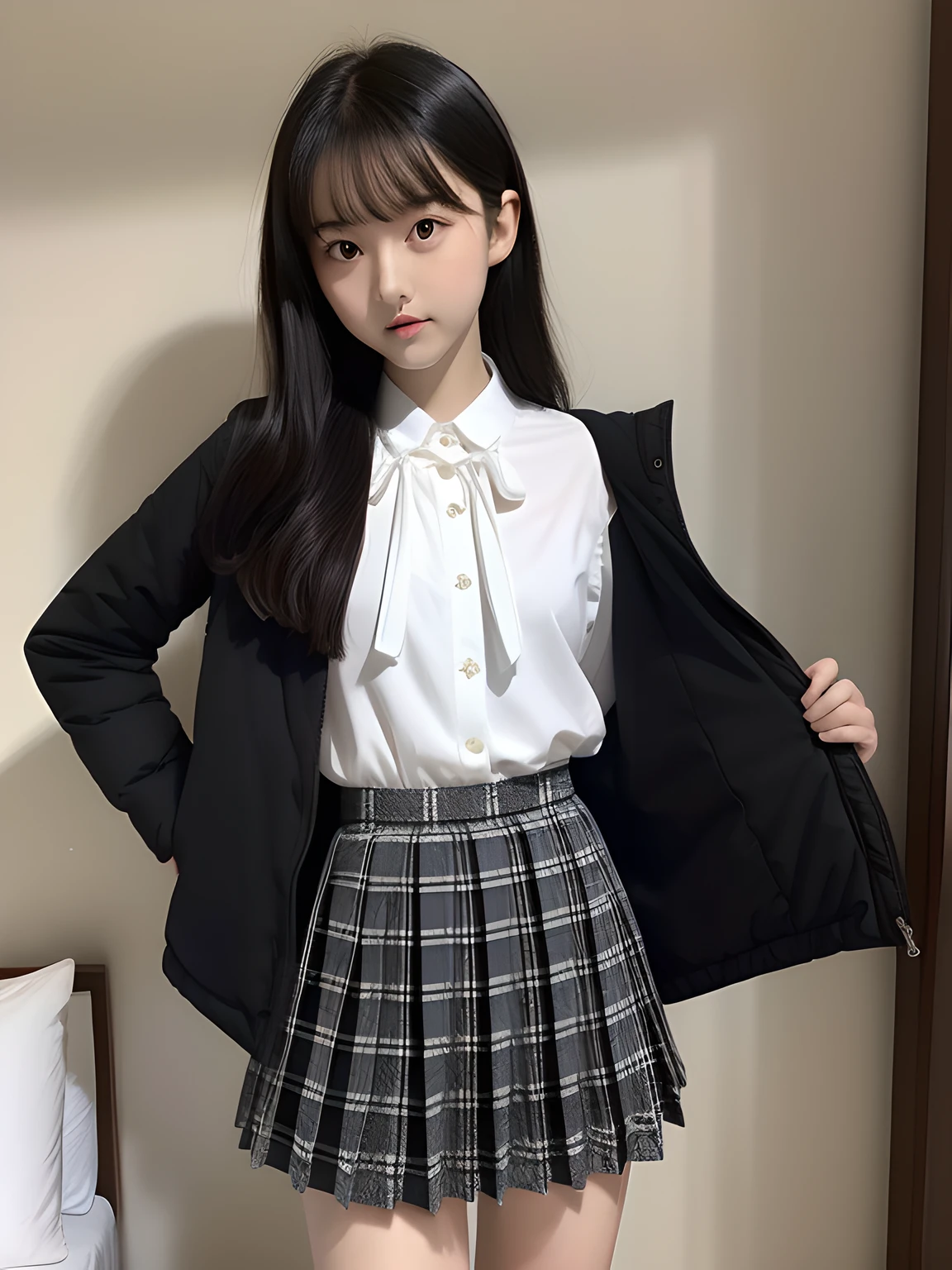 Knees,年轻,(Plaid white pleated skirt),flat breast,Gray ribbon at chest.......,Black blouse,parka,Pupils,s girl,A dark-haired,Twin-tailed,poneyTail,delicate and petite body