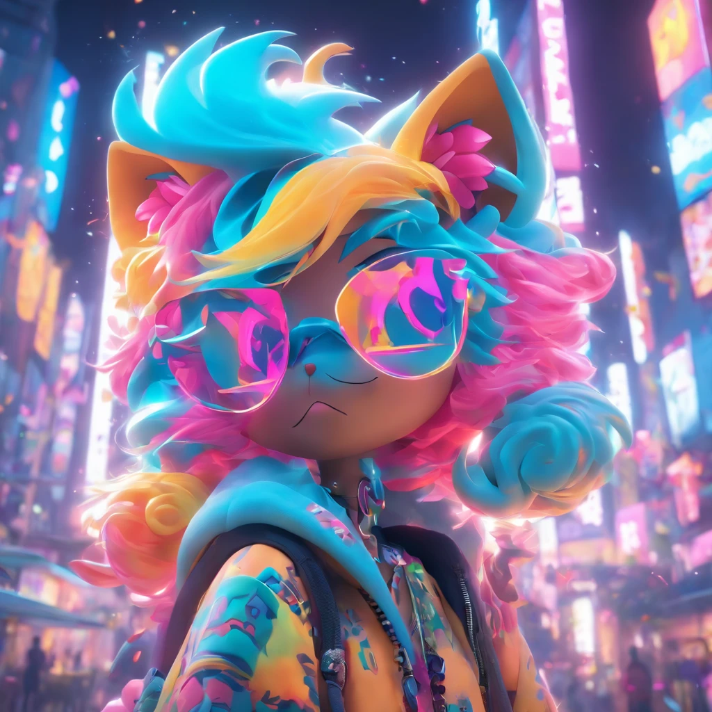 In a whimsical kawaii cafe, Kitten Fluffy, crafted from highly detailed curling, thin glowing multi-colored smoke, dons a rose flower hoodie and fancy funny stylish giant shiny sunglasses. Against a backdrop of vibrant neon typography spelling VIKUSIA, FAINOHO DNIA, capture its enchantment in a digital art masterpiece. Incorporate volumetric 3D rendering, Octane render, and vibrant graffiti elements to create a fantasy illustration that showcases its fashion-forward style. Make it pop with a poster-worthy 3D render that embraces the essence of this captivating character ((stunningly tantalizing view)). 3D, highly detailed, sharp focus, 8K, ultra quality, UHD, crystal clear, bokeh. Black magic Pocket Cinema Camera 6K Pro with Sigma 18-35mm f/1.8 DC HSM Art lens Canon EOS 5D Mark IV camera with a Canon EF 24-70mm f/2.8L II USM lens --ar 9:16 --v 5.2 --s 750, architecture, vibrant, wildlife photography, portrait photography, fashion, cinematic, typography, 3d render, poster, photo