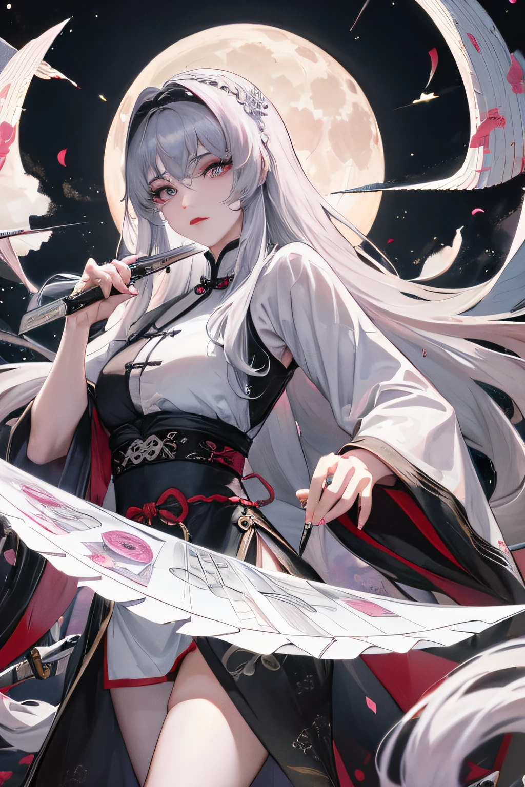 8K, Masterpiece, Best quality, Night, full moon, 1 girl, Chinese style, Chinese architecture, Mature woman, sister, Silver white long haired woman, Long hair, Light pink lips, calm, logical, bangs, Gray pupils, assassins, Fan, Knife fan, petal dancing, Delicate face,