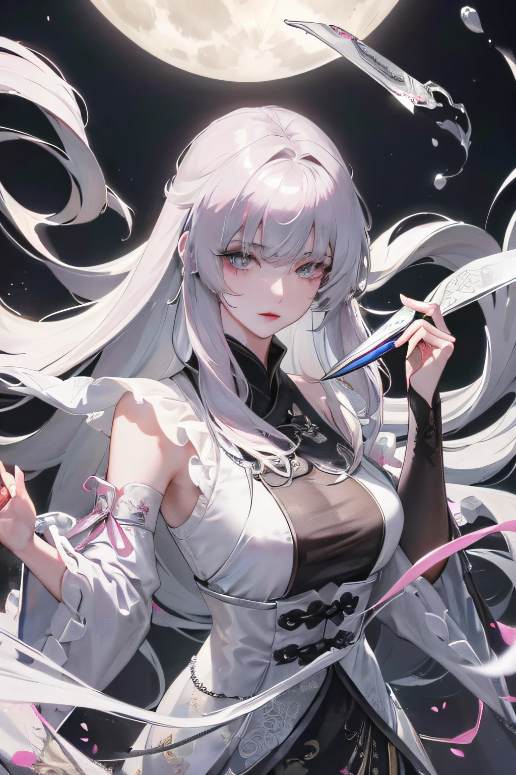 masterpiece, top quality, night, full moon, chinese style, ancient china, royal, cold expression, face expressionless, long silver hair, light pink lips, calm, intellectual, triple band, gray pupil, assassin, short knife, flower ball background, street view walking, facial details, (male focus: 1.5), abs, pectoral muscles, correct limbs, (NSFW:1.0), 1 boy, mature man, prominent crotch, (thighs:1.2), (squatting, m legs: 1.2), legs apart, high heels