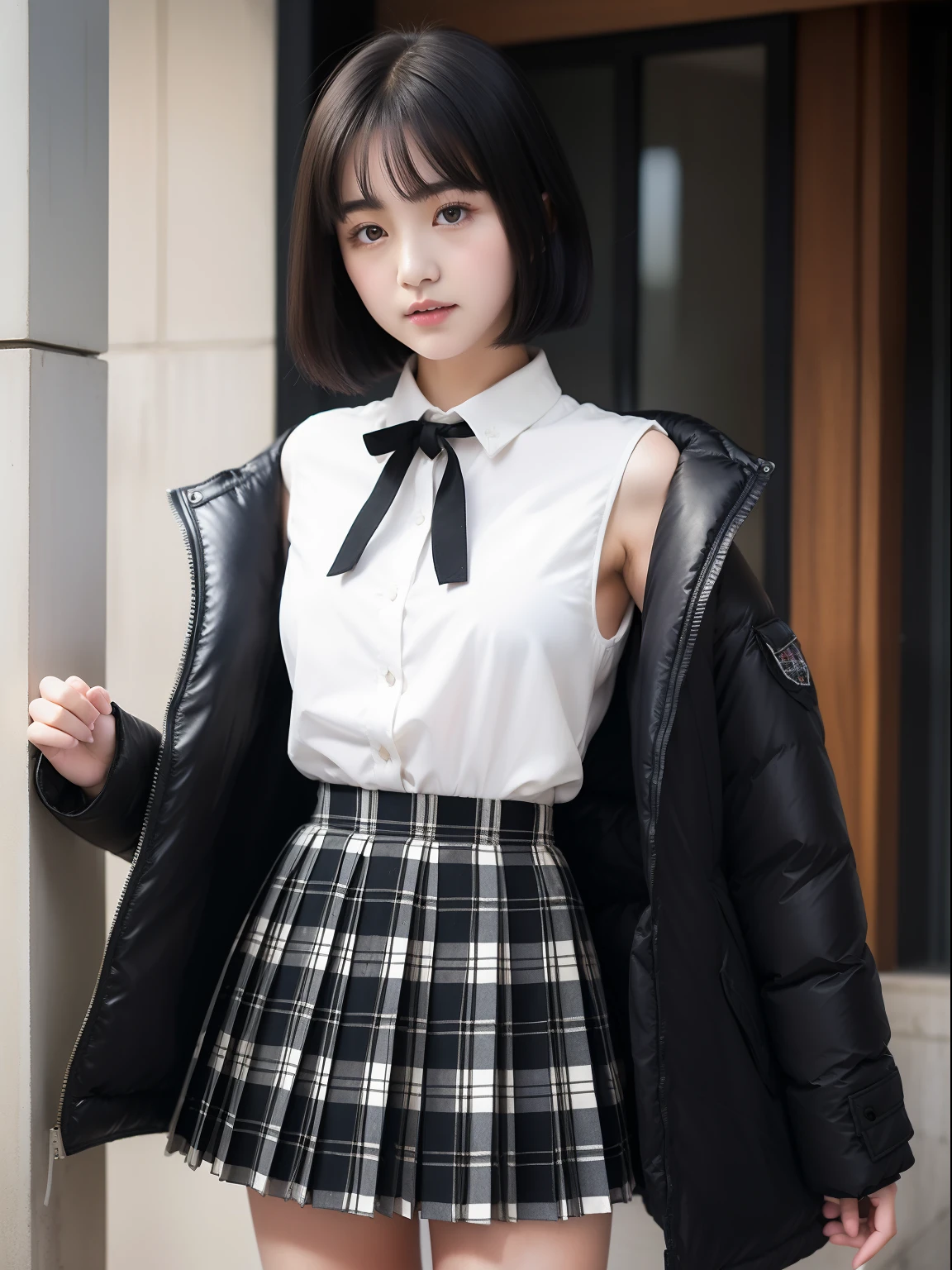 wariza,年轻,(Plaid white pleated skirt),flat breast,Black ribbon at chest..,Black blouse,parka,Pupils,teens girl,A dark-haired,Medium bob,delicate and petite body