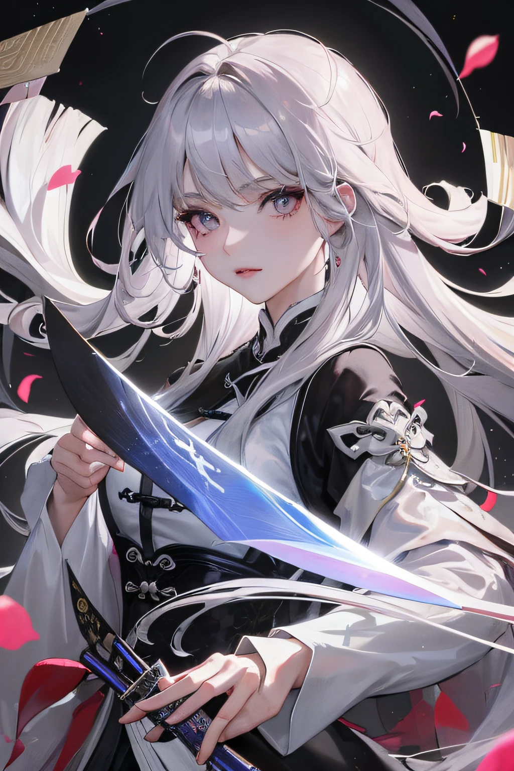8K, Masterpiece, Best quality, Night, full moon, 1 girl, Chinese style, Chinese architecture, Mature woman, sister, Silver white long haired woman, Long hair, Light pink lips, calm, logical, bangs, Gray pupils, assassins, Fan, Knife fan, petal dancing, Delicate face,