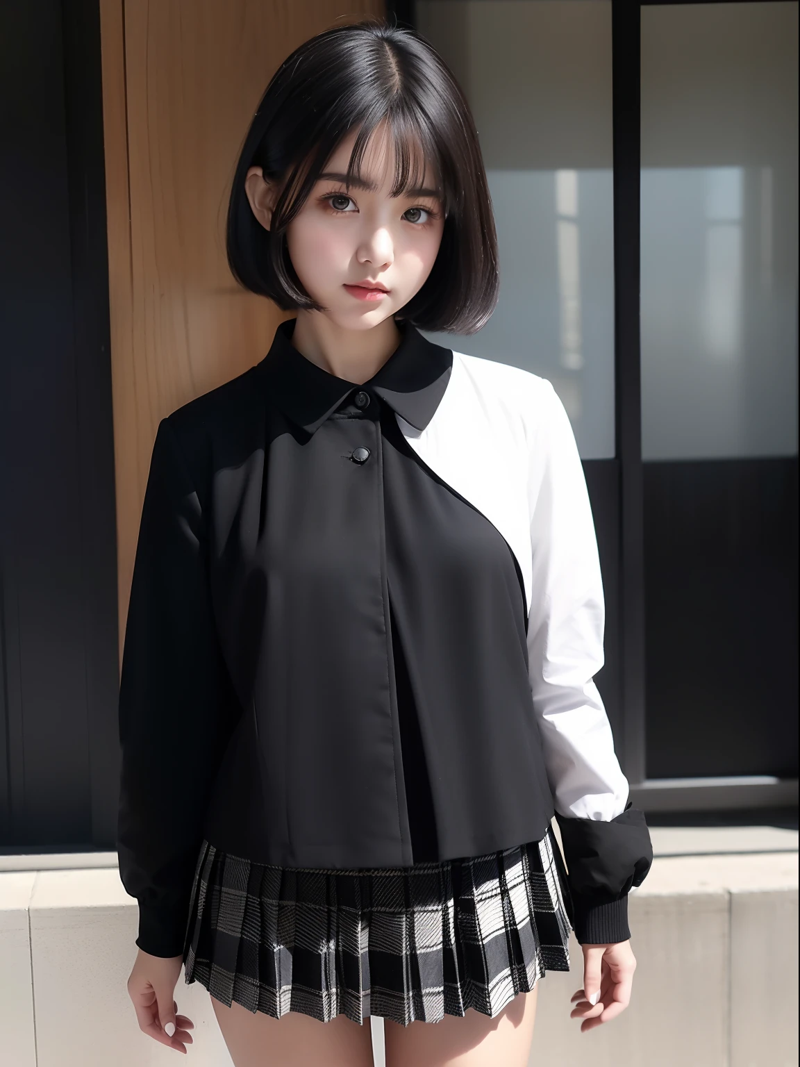 wariza，年轻，(Plaid white pleated skirt)，flat breast，Black ribbon at chest..，Black blouse，parka，Pupils，teens girl，A dark-haired，Medium bob，delicate and petite body