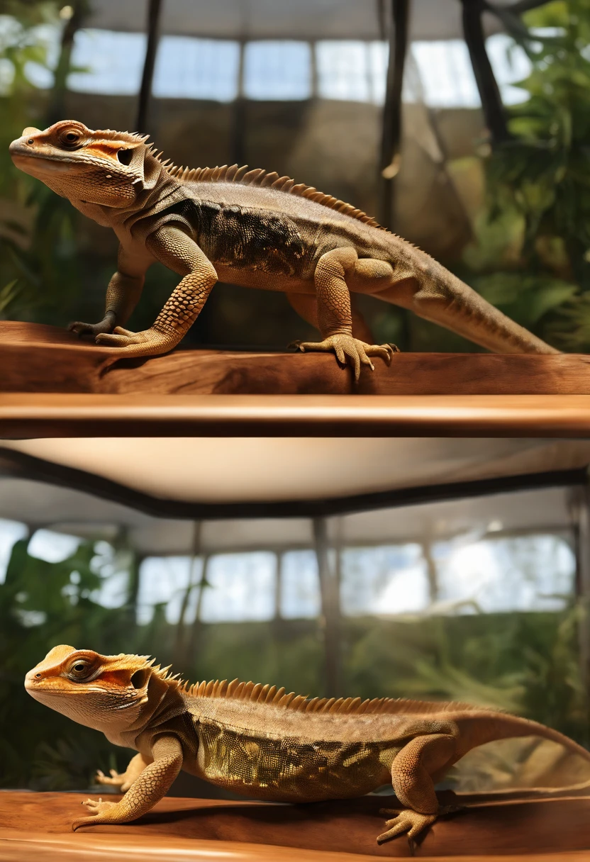 a Bearded Dragon,wood climbing in a glass tank,(best quality,highres,masterpiece:1.2),ultra-detailed,realistic,photorealistic:1.37,detailed scales,expression on its face,warm lighting,glass reflections,vibrant colors,organic textures,scratches on the glass,high-resolution reptile,3D rendering,close-up shot,impressive wood grain,detailed bark,curved branches,stretching tail,engaging eyes,majestic reptile presence,subtle shadows,evoking calmness and curiosity,luminous highlights,endearing gaze