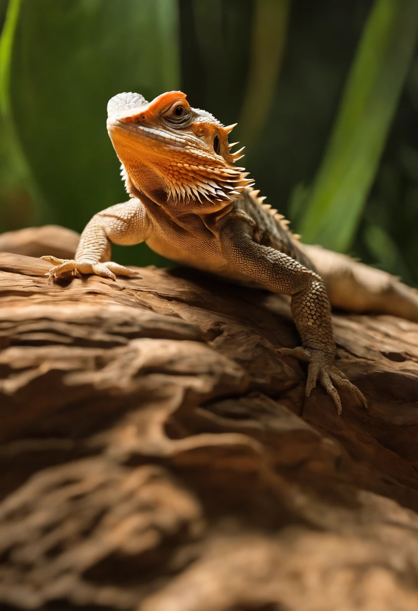 a Bearded Dragon,wood climbing in a glass tank,(best quality,highres,masterpiece:1.2),ultra-detailed,realistic,photorealistic:1.37,detailed scales,expression on its face,warm lighting,glass reflections,vibrant colors,organic textures,scratches on the glass,high-resolution reptile,3D rendering,close-up shot,impressive wood grain,detailed bark,curved branches,stretching tail,engaging eyes,majestic reptile presence,subtle shadows,evoking calmness and curiosity,luminous highlights,endearing gaze