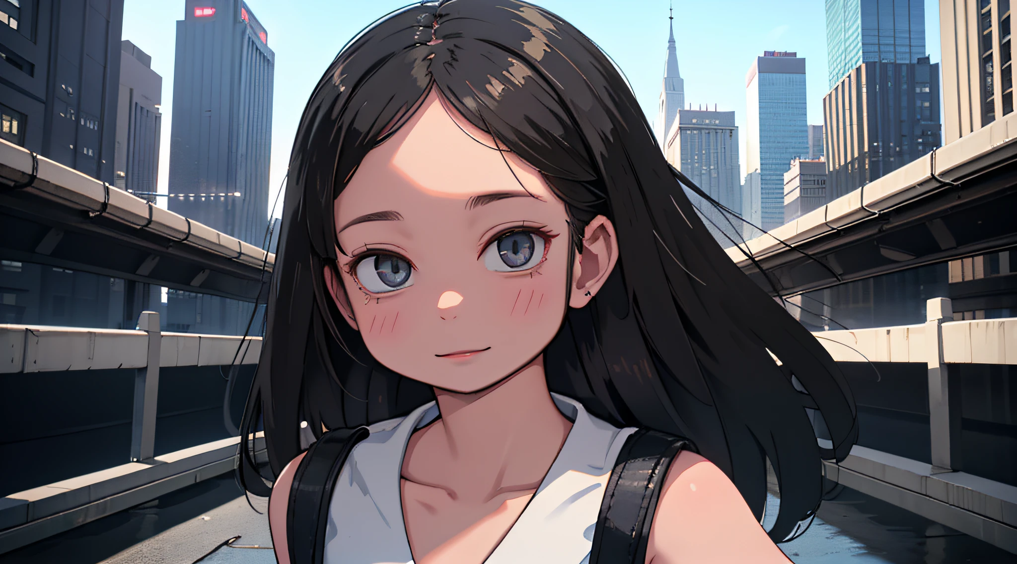 A high-quality portrait of a young woman with long, black hair, expressive eyes, cheerful and radiant expression, flawless skin, soft lighting, warm tones. It is in the center of a gigantic futuristic city, surrounded by monumental skyscrapers that tower up to the sky, conveying a megalomaniacal feeling of power and grandeur, Photography, camera with 85mm lens, aperture settings f/1.4, --air 16:9 --v 5