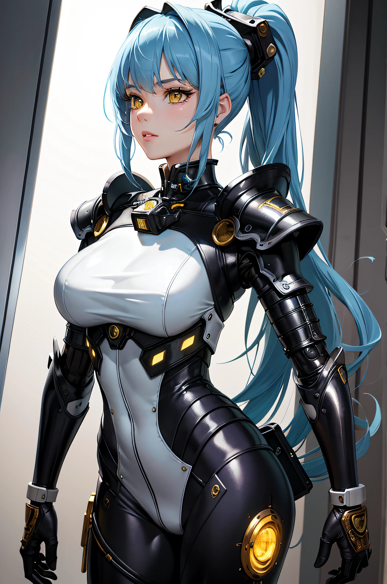 (((masterpiece))), (((best quality))), ((ultra-detailed)), (highly detailed CG illustration), ((an extremely delicate and beautiful)), cinematic light,((1girl)), solo, (upper body), (character focus), absurdres, high contrast, extreme detailed,colorful,highest detailed, science fiction, nanosuit, high ponytail, (light blue hair), yellow eyes, knee boots, (spacecraft interior), mechanical limbs, large breasts, metal wire,