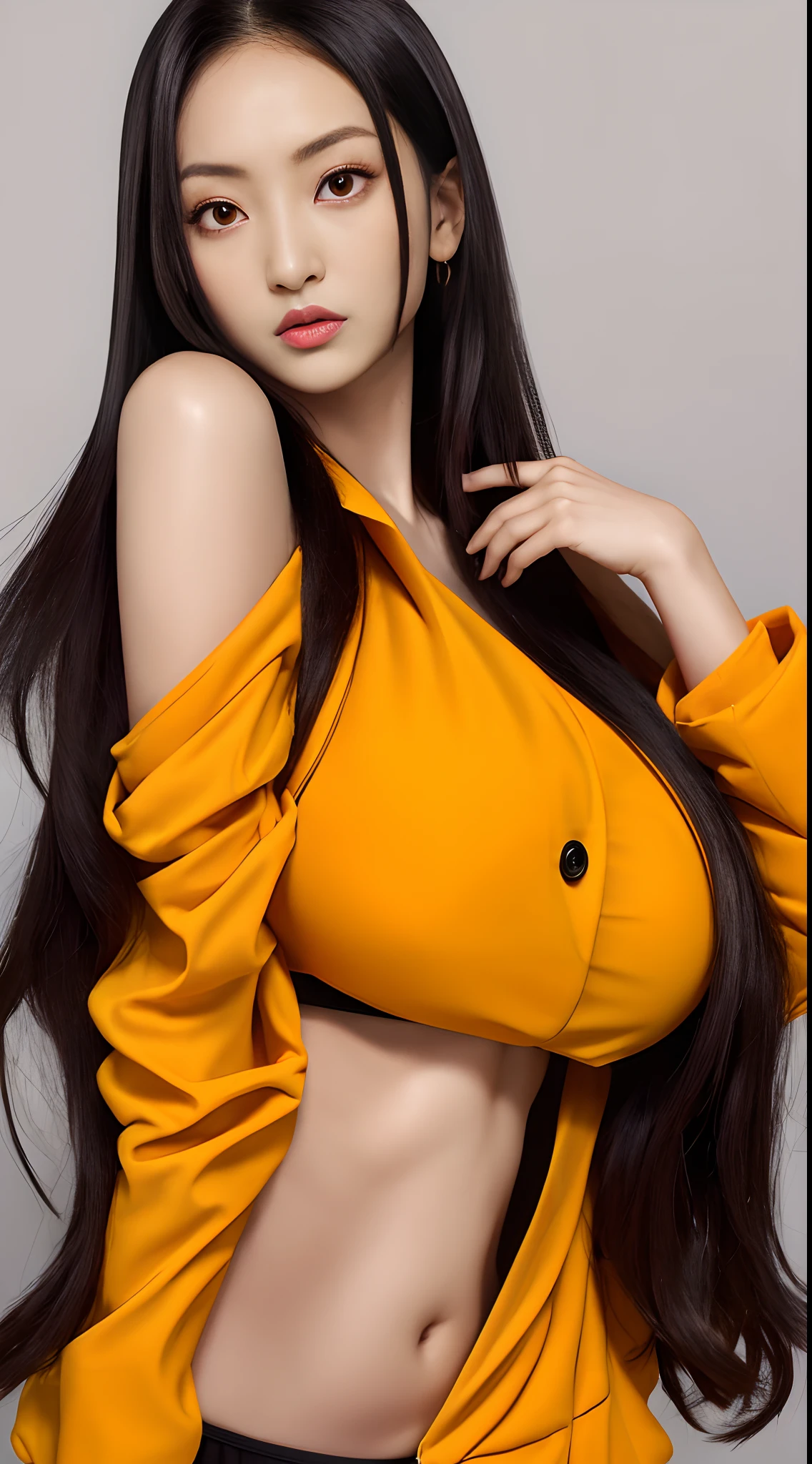 masutepiece, Best Quality, 1girl in, Solo, Anise Swim, Yellow eyes, Huge breasts, Orange jacket, off shoulders