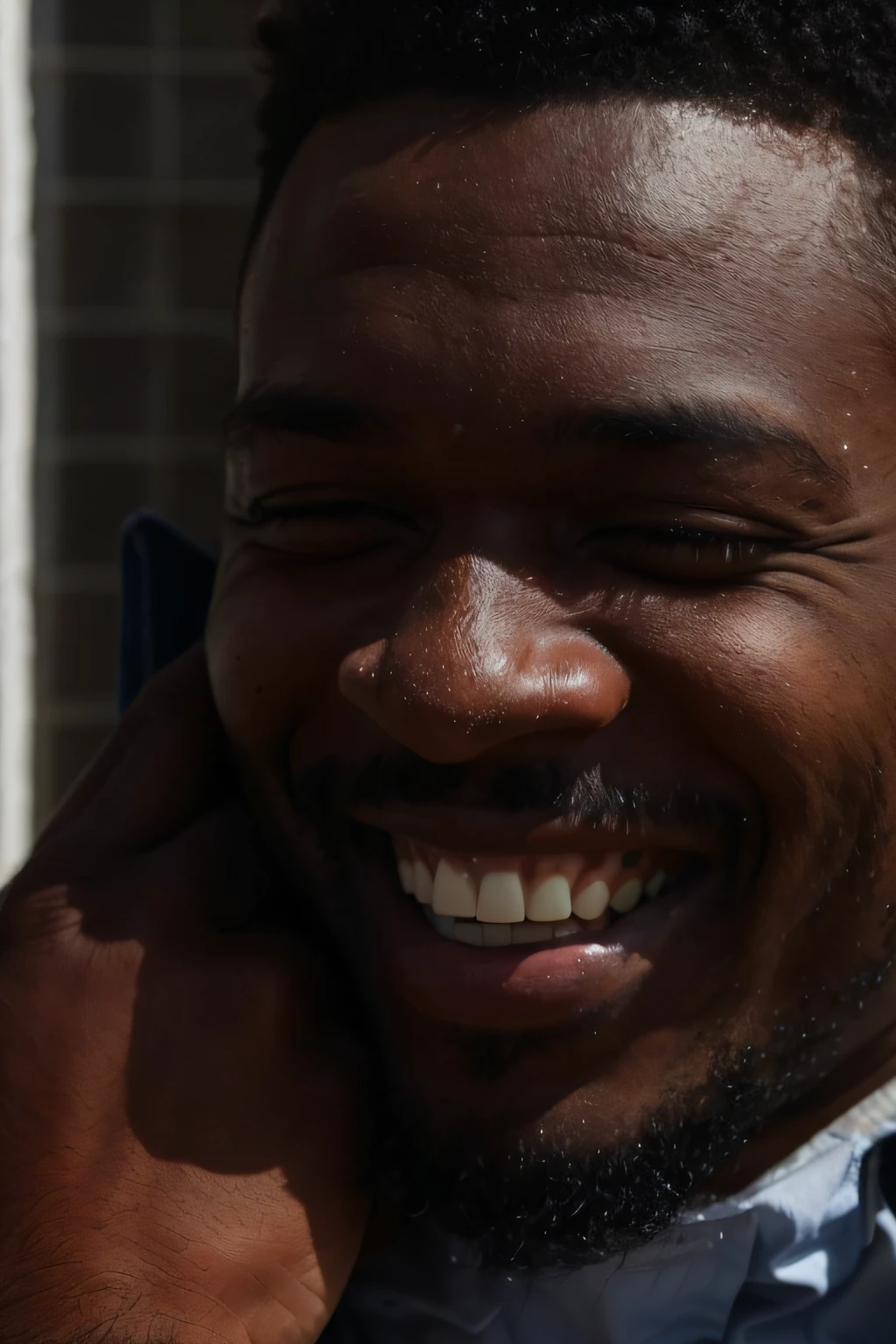 homem sorridente, Homem de pele escuro com um sorriso gigante, homem sorridente, Macho sorridente, sorriso detalhado, sorriso muito grande, sorriso muito grande, he's smiling, imagem de perto, sorriso enorme, sorriso insano, with a happy expression, homem rindo, candid portrait, grande sorriso, sorrindo rindo, Homem africano,