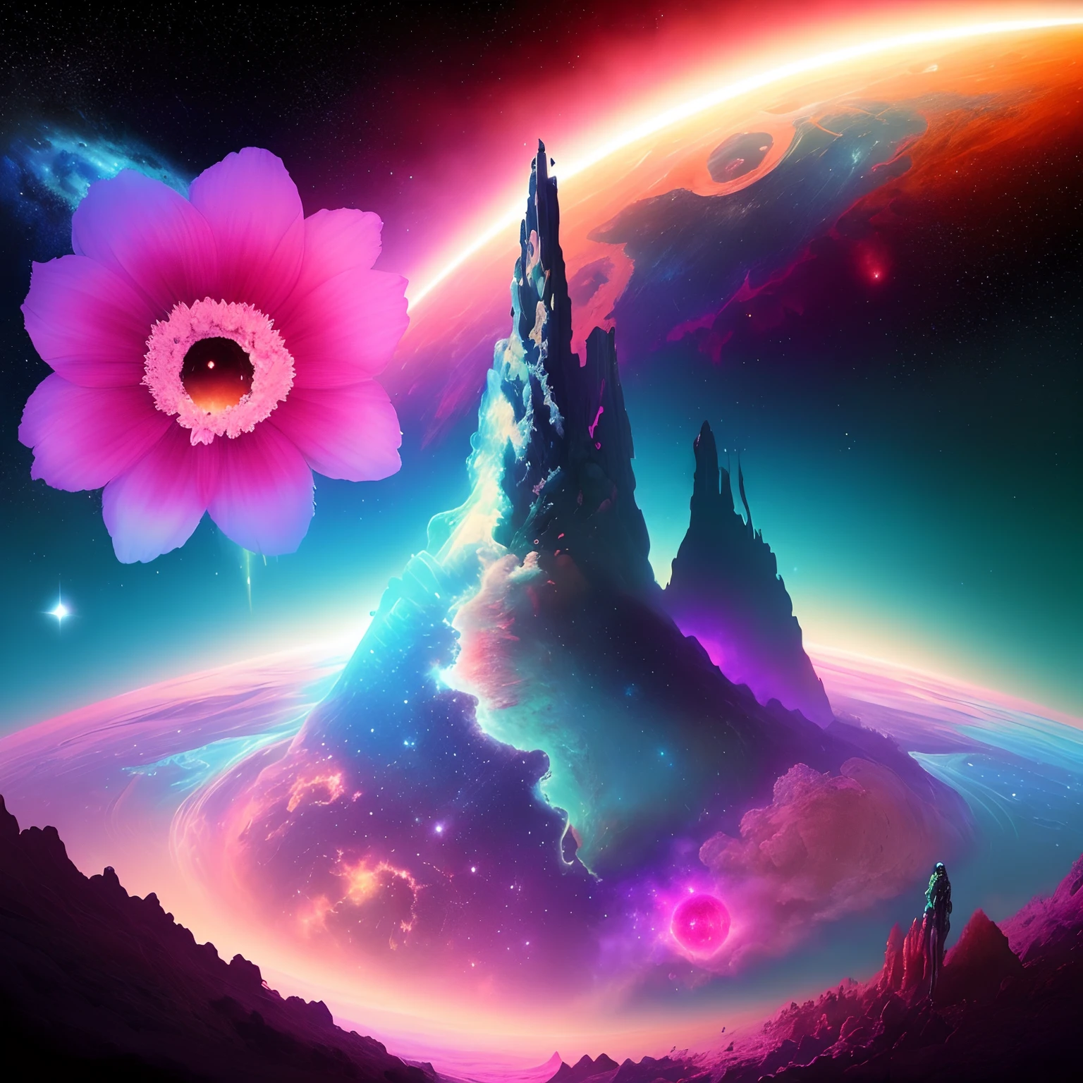 Futuristic colorful world full of flowers in the background of the planet and nebula