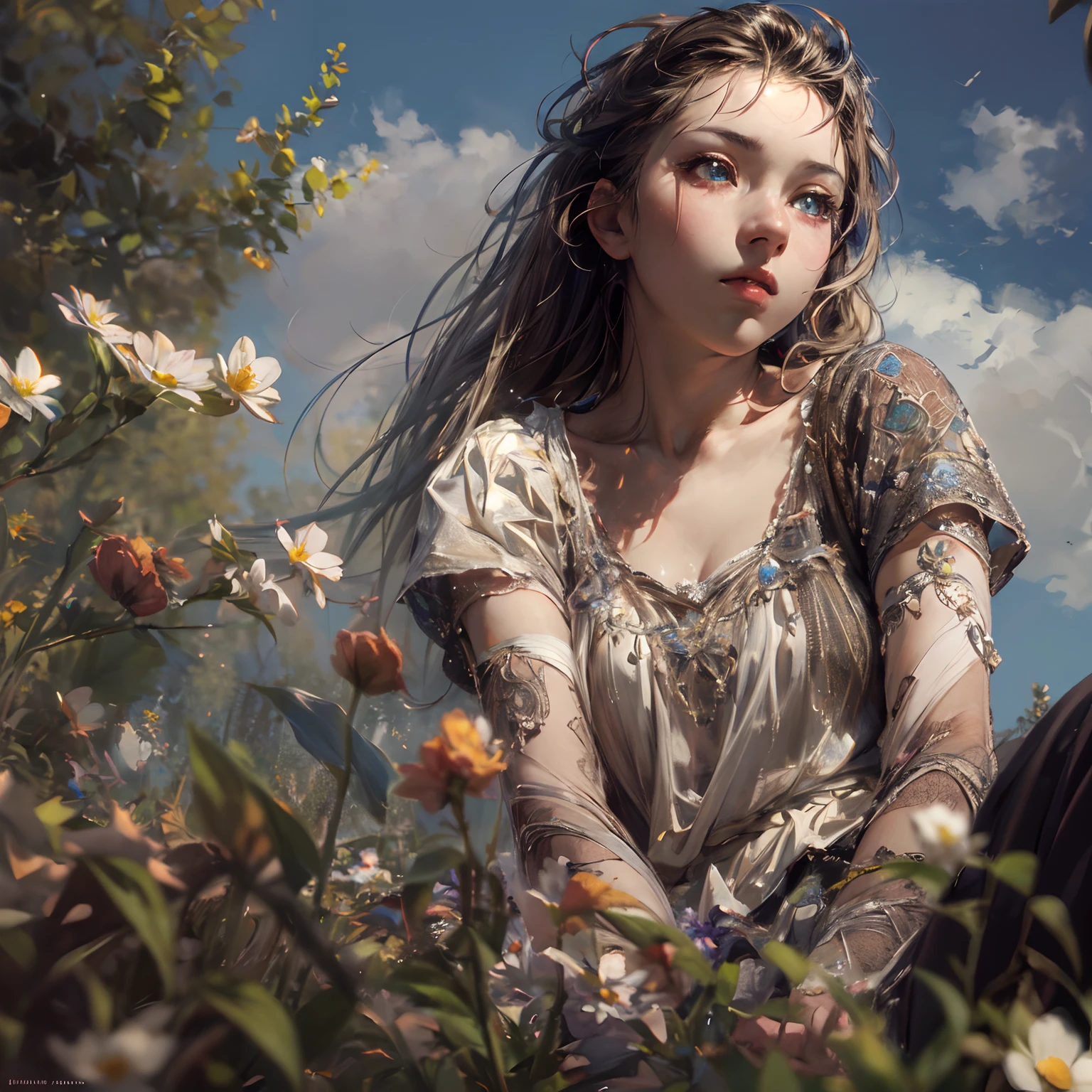 girl, sitting, side shot, (sky:1.3), (masterpiece, best quality, perspective, depth of field:1.5), flowers, rocky mountain, woods, beautiful face, thighs, from below, 8k, raw photo, absurdres, impressionism, (Tom Thomson, Claude Monet, Joaquín Sorolla, James Wilson Morrice, John Fabian Carlson, Hugh Henry Breckenridge:0.8), HDR, photorealistic, film grain, chromatic aberration, highres, ultra detailed, finely detail, dynamic lighting, dramatic lighting, shadow, sharp focus, extremely detailed eyes and face, sharp pupils, realistic pupils