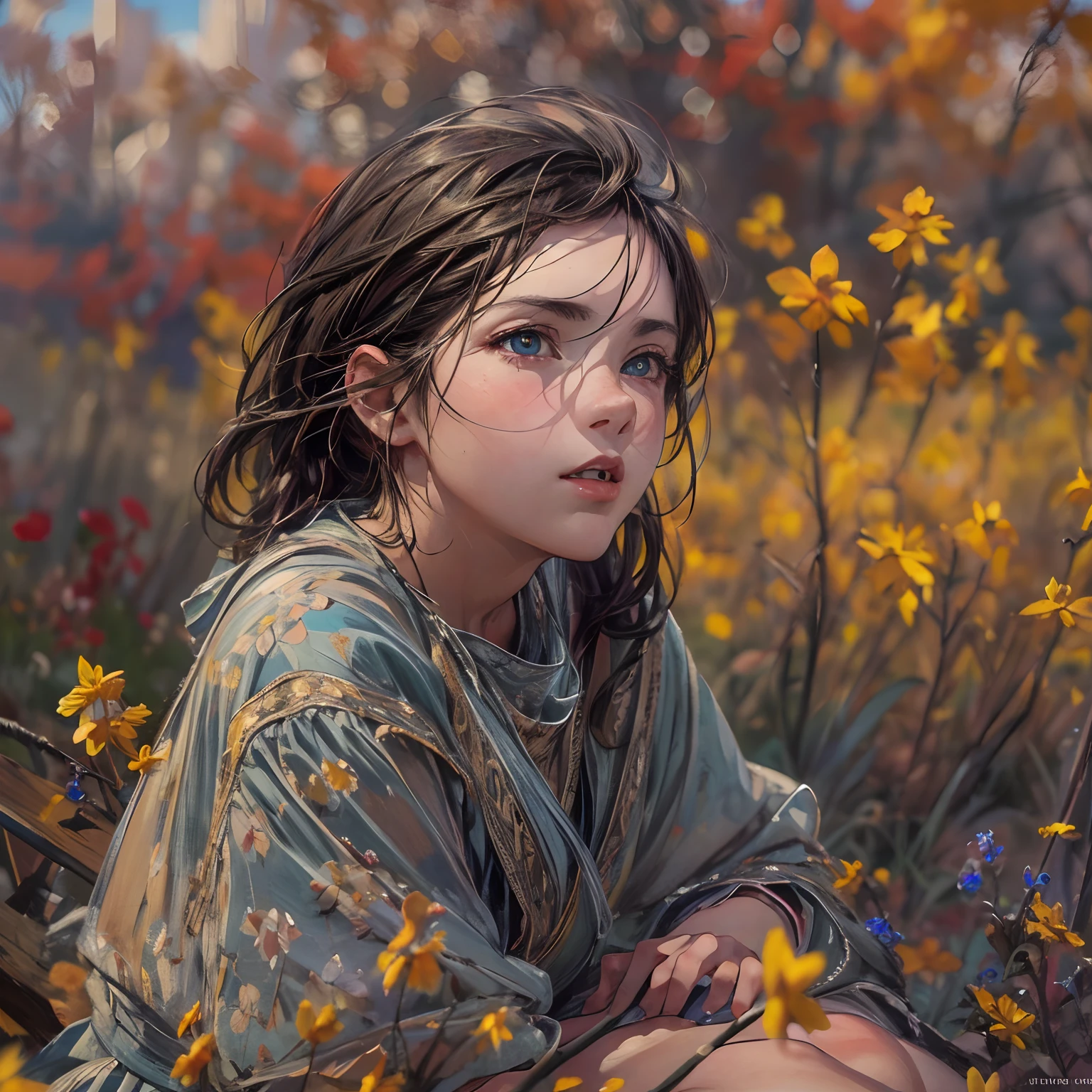girl, sitting, side shot, (sky:1.3), (masterpiece, best quality, perspective, depth of field:1.5), flowers, rocky mountain, woods, beautiful face, thighs, from below, 8k, raw photo, absurdres, impressionism, (Tom Thomson, Claude Monet, Joaquín Sorolla, James Wilson Morrice, John Fabian Carlson, Hugh Henry Breckenridge:0.8), HDR, photorealistic, film grain, chromatic aberration, highres, ultra detailed, finely detail, dynamic lighting, dramatic lighting, shadow, sharp focus, extremely detailed eyes and face, sharp pupils, realistic pupils