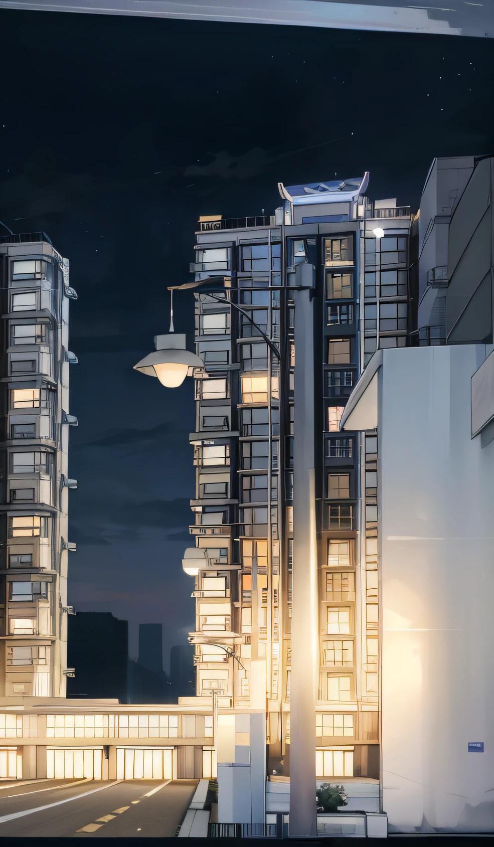 Night view of the city with tall buildings and street lights, night time render, anime style cityscape, calm evening. immensely detailed scene, realistic establishing shot, Beautifully lit building, well lit 3 d render，k hd