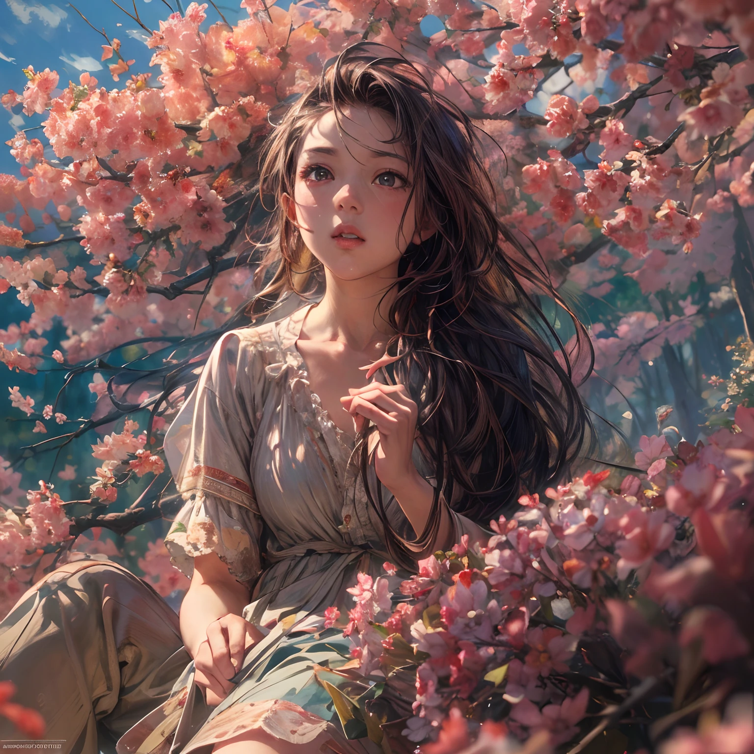 girl, sitting, side shot, (sky:1.3), (masterpiece, best quality, perspective, depth of field:1.5), flowers, rocky mountain, woods, beautiful face, thighs, from below, 8k, raw photo, absurdres, impressionism, (Tom Thomson, Claude Monet, Joaquín Sorolla, James Wilson Morrice, John Fabian Carlson, Hugh Henry Breckenridge:0.8), HDR, photorealistic, film grain, chromatic aberration, highres, ultra detailed, finely detail, dynamic lighting, dramatic lighting, shadow, sharp focus, extremely detailed eyes and face, sharp pupils, realistic pupils