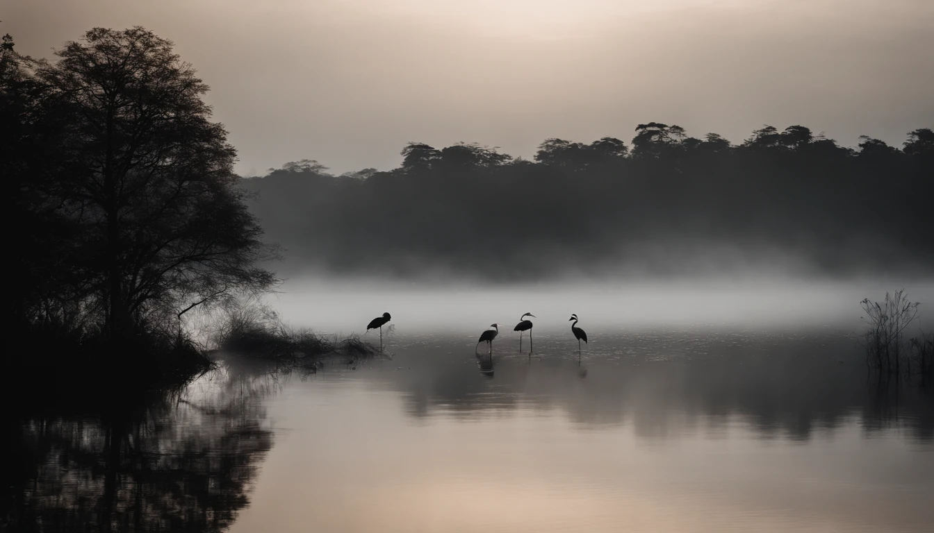 Lake surface,There are pine trees on the left and right,There are banyan trees on the left and right,inverted image,Heavy fog,A white crane stands on one side,Heads-up,Photographic works,high detal