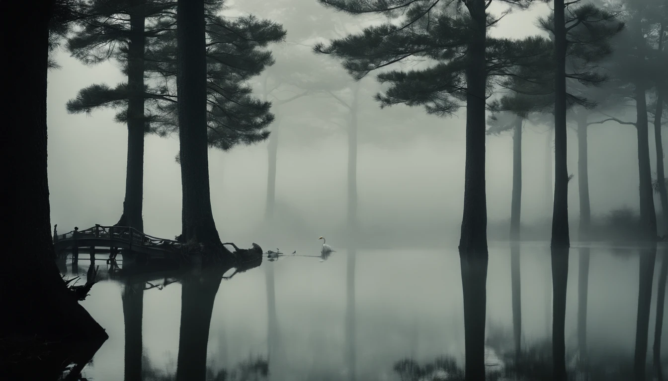 Lake surface,There are pine trees on the left and right,There are banyan trees on the left and right,inverted image,Heavy fog,A white crane stands on one side,Heads-up,Photographic works,high detal