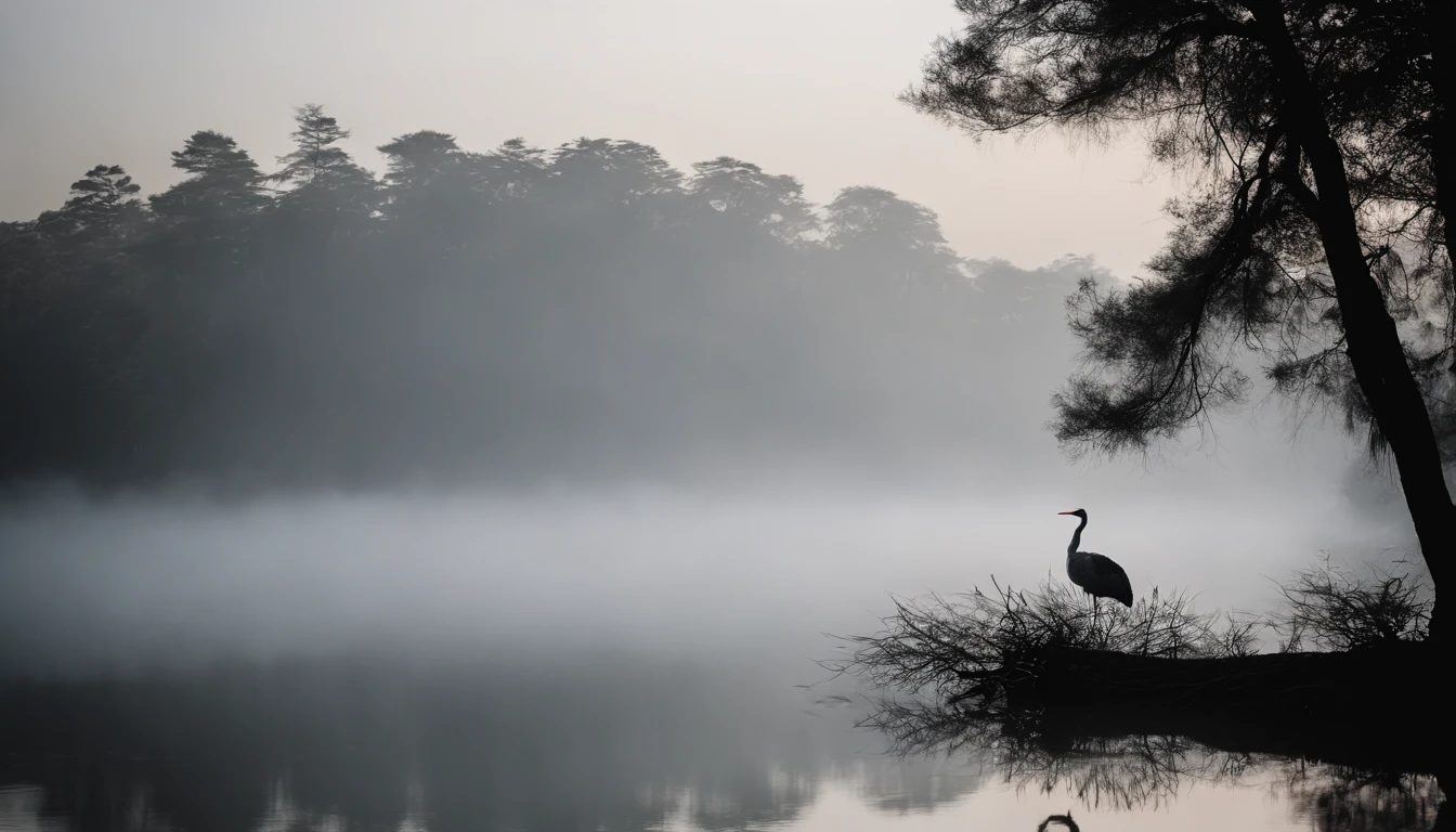 Lake surface，There are pine trees on the left and right，There are banyan trees on the left and right，inverted image，Heavy fog，A white crane stands on one side，Heads-up，Photographic works，high detal