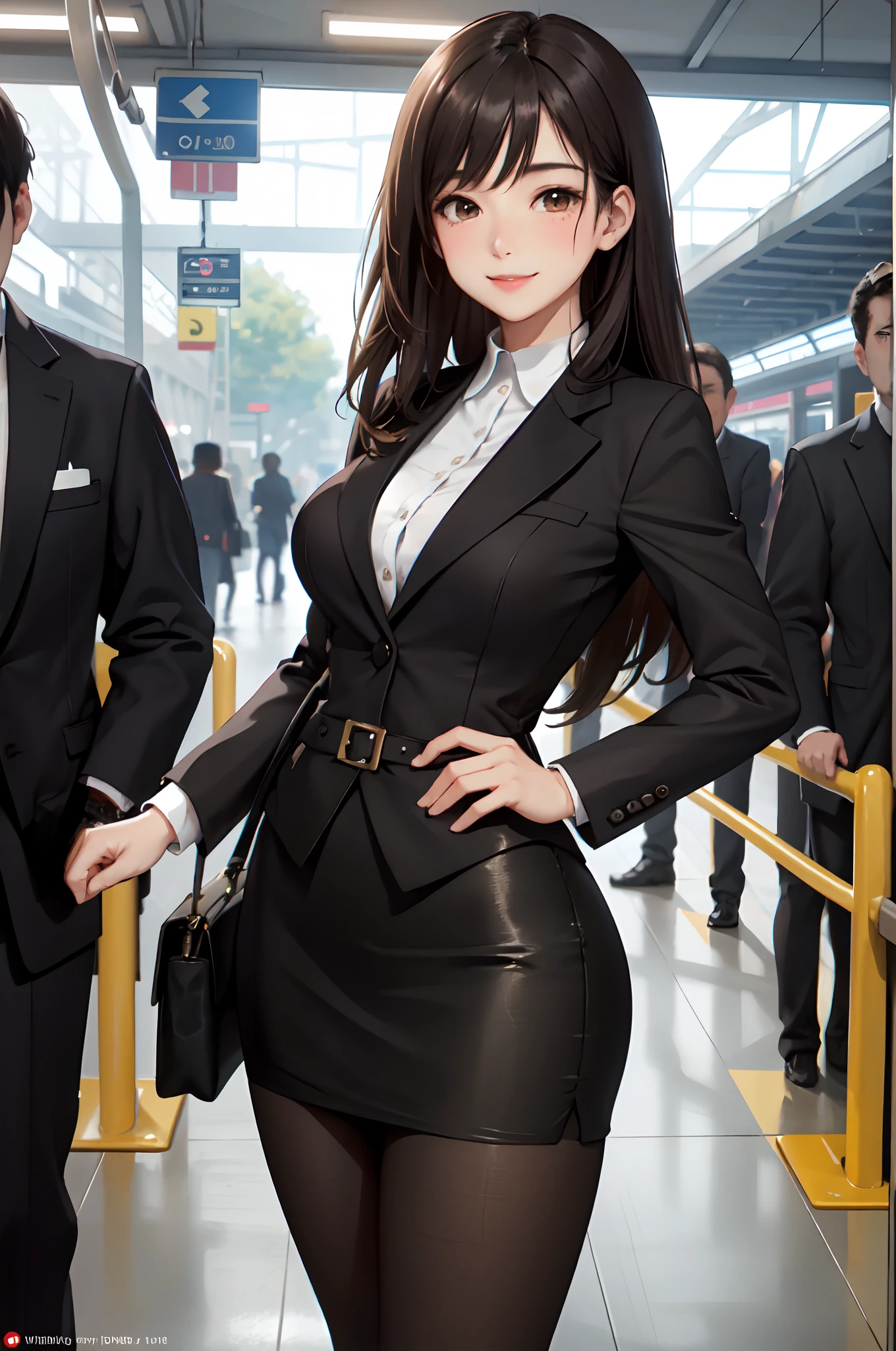 1lady, standing, /(suit jacket pencil skirt/) /(brown pantyhose/), /(black hair/) bangs, blush kind smile, (masterpiece best quality:1.2) delicate illustration ultra-detailed, large breasts arms down BREAK /(station platform indoors/) train crowd
