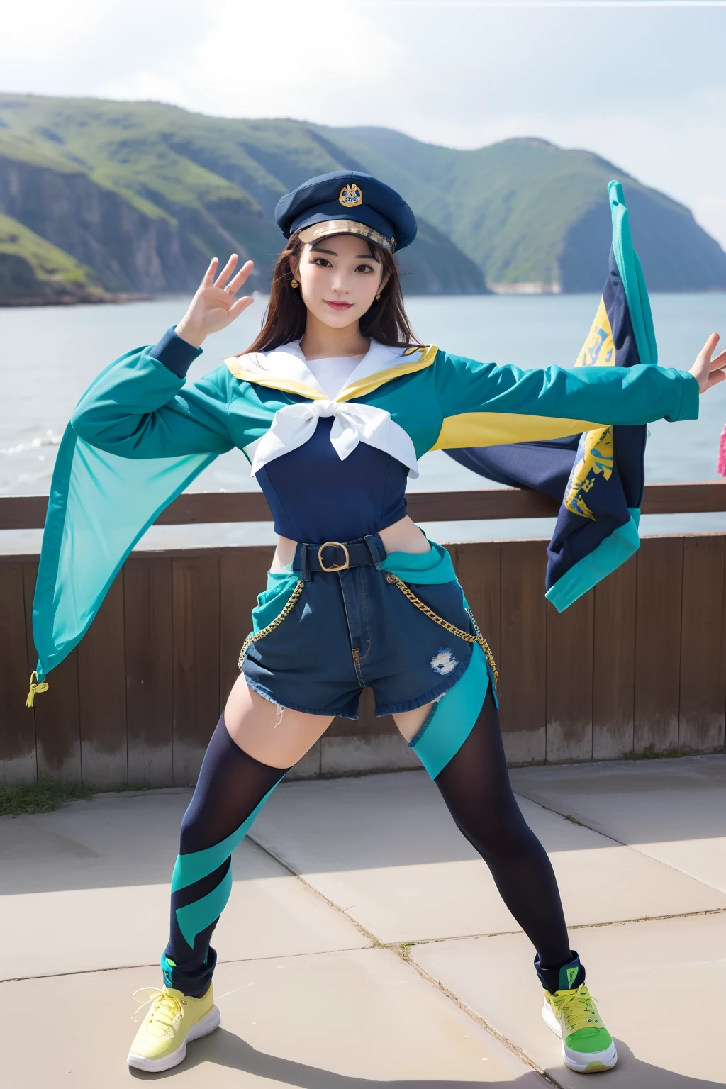 Cute look、infp young woman、large full breasts、beautiful foot、Colorful hair、、Good Style、Tops、Leotard、Blue jacket、yellow green、Marine Look、Sailor hat